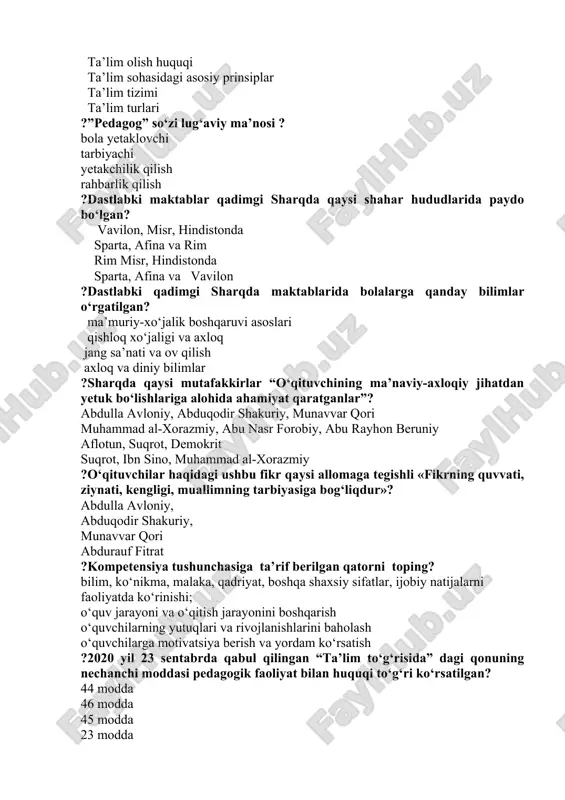 ori muhammad al-xorazmiy, abu nasr forobiy, abu rayhon beruniy aflotun, suqrot, demokrit suqrot, ibn sino, muhammad al-xorazmiy ?o‘qituvchilar haqidagi ushbu fikr qaysi allomaga tegishli «fikrning quvvati, ziynati, kengligi, muallimning tarbiyasiga bog‘liqdur»? abdulla avloniy, abduqodir shakuriy, munavvar qori abdurauf fitrat ?kompetensiya tushunchasiga ta’rif berilgan qatorni toping? bilim, ko‘nikma, malaka, qadriyat, boshqa shaxsiy sifatlar, ijobiy natijalarni faoliyatda ko‘rinishi; o‘quv jarayoni va o‘qitish jarayonini boshqarish o‘quvchilarning yutuqlari va rivojlanishlarini baholash o‘quvchilarga motivatsiya berish va yordam ko‘rsatish ?2020 yil 23 sentabrda qabul qilingan “ta’lim to‘g‘risida” dagi qonuning nechanchi moddasi pedagogik faoliyat bilan huquqi to‘g‘ri ko‘rsatilgan? 44 modda 46 modda 45 modda 23 modda ?axloq – tushunchasining pedagogik lug‘aviy ma’nosi? xulq-atvor, yurish-turish, tarbiya odob. xolat yurish-turish, negativ xatti-xarakat pozitiv kayfiyat, yurish-turish, negativlik ahloq qoidalarni xilof ish, xatti-xarakat ?ushbu fikr kimga tegishli? «tarbiyachi – ustoz bo‘lish uchun, boshqalarning aql-idrokini o‘stirish, ma’rifat ziyosidan bahramand qilish, haqiqiy vatanparvar, haqiqiy fuqaro etib yetishtirish uchun, eng avvalo, tarbiyachining ana shunday …
