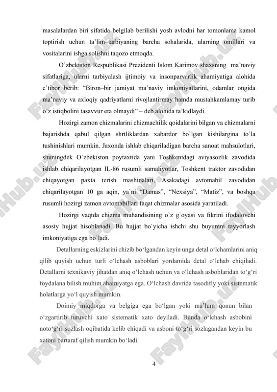 iy miqdorga va belgiga ega bo‘lgan yoki ma’lum qonun bilan o‘zgartirib turuvchi xato sistematik xato deyiladi. bunda o‘lchash asbobini noto‘g‘ri sozlash oqibatida kelib chiqadi va asboni to‘g‘ri sozlagandan keyin bu xatoni bartaraf qilish mumkin bo‘ladi. o‘lchovchining o‘lchash davridagi xatosi, o‘lchash paytidagi daraja tartibining o‘zgarishi tasodifiy xato kelishiga sabab bo‘ladi. bunday xatoni ko‘p marta o‘lchash, asbobdan to‘g‘ri foydalanish orqali bartaraf etish mumkin. o‘lchash. o‘lchash o‘lchangan kattalikni o‘lchash birligi deb qabul qilingan boshqa bir birlik bilan solishtirishdan iborat. shunda hosil bulagn tafovut o‘lchash xatoligini keltirib chiqaradi. o‘lchash vositalariga qarab, ikki xil o‘lchash mavjudligi aniqlanadi: 1. mutloq (absolyut) o‘lchash usuli. bundan o‘lchangan mikdorning kiymati bevosita o‘lchash asbobining darajalangan (shkalasi) chizig‘idan olinadi. bunda detalni masshtabli chizg‘ich, shtangensirku, mikrometr va burchak o‘lchagich bilan o‘lchash misol bo‘la oladi. 2. nisbiy o‘lchash usuli. bu yerda o‘lchangan miqdor algebraik o‘lchash yo‘li bilan oldindan belgilangan o‘lchamdan qanchalik chetga chiqqanligi aniqlanadi. har xil indikatorlar, optimetrlar, o‘ta sezgir va aniq o‘lchash …