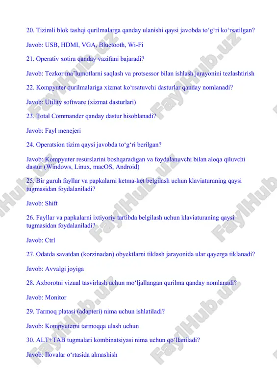 malarga qaysilar kiradi? javob: monitor, printer, dinamik 33. pusk tugmasi qaysi menyuni ishga tushiradi? javob: windows menyusini mantiq 1.navbatdagi figurani toping. javob: 2 2. navbatdagi figurani toping. javob: 3 3. navbatdagi figurani toping. javob: 4 4. navbatdagi figurani toping. javob: 6 5. navbatdagi figurani toping. javob: 3 6. navbatdagi figurani toping. javob: 5 7. navbatdagi figurani toping. javob: 6 8. navbatdagi figurani toping. javob: 2 9. so’roq o’rnidagi shaklini toping. javob: c - milliy qonunchilik muayyan hududda ommaviy hokimiyatni amalga oshiradigan, umummajburiy normalar o'rnatadigan va suverenitetga ega bo'lgan siyosiy tashkilot to'g'ri berilgan javobni aniqlang. javob: davlat. davlat hokimiyatining oliy vakillik va qonunchilik hokimiyati organi tomonidan yoki bevosita xalqning hoxish iradasiga ko‘ra, qabul qilingan, qoida tariqasida eng muhim ijtimoiy munosabatlarni tartibga soluvchi yuridik hujjat berilgan javobni belgilang. javob: konstitutsiya. oliy yuridik kuchga ega bo‘lgan va o‘zbekiston respublikasi butun hududida qo‘llaniladigan hujjat berilgan javobni aniqlang. javob: konstitutsiya. huquqiy asoda tashkil topadigan va …