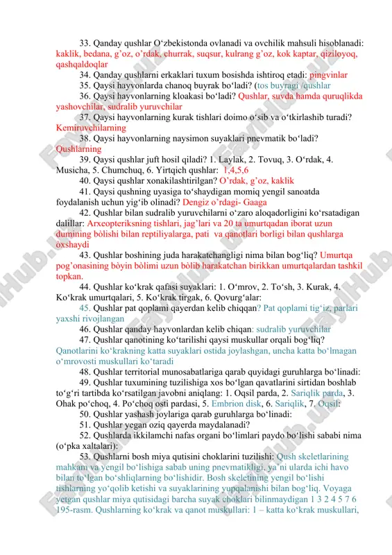 agi,cho’l burguti,moki loyxo’rak,kichik burgut, kuyka,itolg’i mallabosh lochin,oqbovur,qora kaptar,kichik uzunburun,torg’oq, va h.k jami 51 ta tur 563 bet 22. oʻzbekistonning qizil kitobiga qaysi zaharli ilonlar kiritilgan? kapcha ilon 23. oʻlimtikxoʻr qushlarni belgilang: bularga yangi zelandiya kivisi, loyxo‘raklar, nayburunlilar, o‘rdaklar va o‘laksaxo‘r yirtqich qushlardan – tasqaralar kiradi. oʻzbekiston qizil kitobiga qaysi zaharli ilonlar kiritilgan? qumoy (gyps fulvus), tasqara (aegypius monachus) va boltayutar (gypaetus barbatus) 24. oʻzbekiston qizil kitobiga kiritilgan qushlar: pushti saqoqush,jingalak saqoqush,qiziltomoq g’oz,flamingo,kichik qoravoy,kichik oqqo’ton,turkiston oq laylagi,cho’l burguti,moki loyxo’rak,kichik burgut, kuyka,itolg’i mallabosh lochin,oqbovur,qora kaptar,kichik uzunburun,torg’oq, va h.k jami 51 ta tur 563 bet 25. oʻzbekistonda ovlanadigan qushlar: 26. oʻzbekistonda yashaydigan yovvoy tovuqsimonlar: bedana kaklik qirg’ovul 27. oxirgi o‘n yilliklarda arealini kengaytirib o‘zbekistonga kirib kelgan qush turlari: 28. pingivinlarning eng yirigi hisoblangan imperator pingivini necha gradus sovuqda joʻja ochib koʻpayadi? -60-70 daraja sovuqda 29. qaldirgʻochlar qaysi turkumga kiradi? chumchuqsimonlar turkumiga 30. qanday qushlar donxoʻrlar hisoblanadi? musicha, qaldirg’och, kaptar, ayrim chumchuqsimonlar 31. qanday …