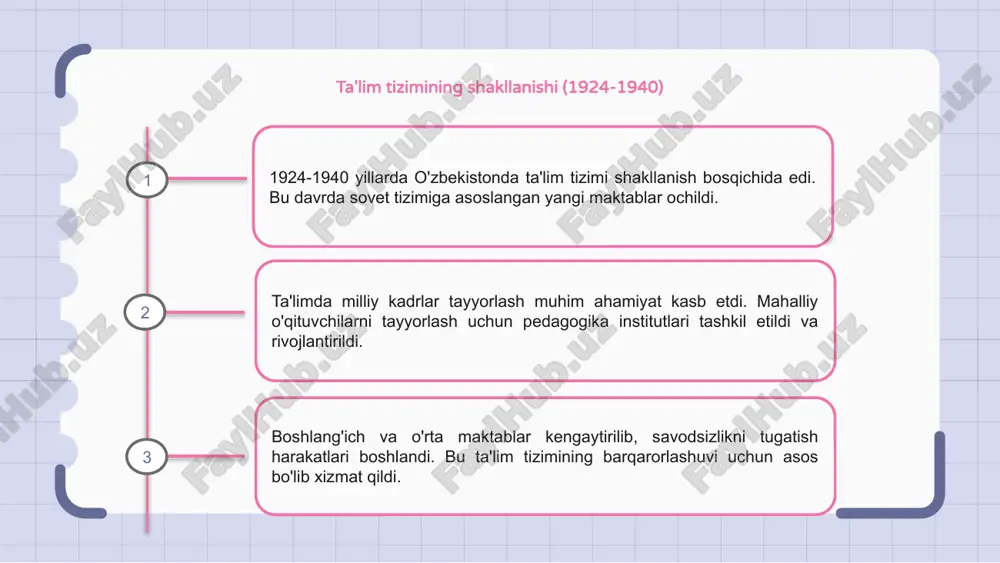 lar shakllandi. ta'limdagi ideologik bosim kamayib, milliy qadriyatlarga asoslangan dasturlar ishlab chiqila boshlandi. o'qituvchilarning roli va nufuzi asta-sekin oshib bordi. oʻzbekiston mustaqillik sari harakatlanar ekan, ta'limda milliylik, tarixiy ong va ona tiliga bo'lgan e’tibor kuchaydi, yangicha qarashlar paydo bo‘ldi. e’tiboringiz uchun rahmat