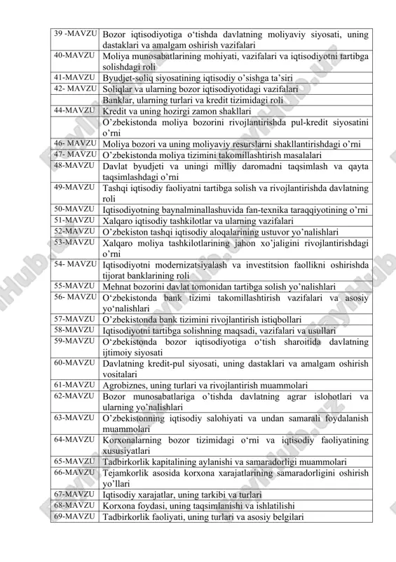 ing mohiyati, vazifalari va iqtisodiyotni tartibga solishdagi roli 41-mavzu byudjet-soliq siyosatining iqtisodiy o’sishga ta’siri 42- mavzu soliqlar va ularning bozor iqtisodiyotidagi vazifalari banklar, ularning turlari va kredit tizimidagi roli 44-mavzu kredit va uning hozirgi zamon shakllari o’zbekistonda moliya bozorini rivojlantirishda pul-kredit siyosatini o’rni 46- mavzu moliya bozori va uning moliyaviy resurslarni shakllantirishdagi o’rni 47- mavzu o’zbekistonda moliya tizimini takomillashtirish masalalari 48-mavzu davlat byudjeti va uningi milliy daromadni taqsimlash va qayta taqsimlashdagi o’rni 49-mavzu tashqi iqtisodiy faoliyatni tartibga solish va rivojlantirishda davlatning roli 50-mavzu iqtisodiyotning baynalminallashuvida fan-texnika taraqqiyotining o’rni 51-mavzu xalqaro iqtisodiy tashkilotlar va ularning vazifalari 52-mavzu o’zbekiston tashqi iqtisodiy aloqalarining ustuvor yo’nalishlari 53-mavzu xalqaro moliya tashkilotlarining jahon xo’jaligini rivojlantirishdagi o’rni 54- mavzu iqtisodiyotni modernizatsiyalash va investitsion faollikni oshirishda tijorat banklarining roli 55-mavzu mehnat bozorini davlat tomonidan tartibga solish yo’nalishlari 56- mavzu o‘zbekistonda bank tizimi takomillashtirish vazifalari va asosiy yo‘nalishlari 57-mavzu o’zbekistonda bank tizimini rivojlantirish istiqbollari 58-mavzu iqtisodiyotni tartibga solishning maqsadi, …