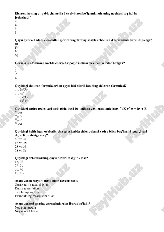. 4s1 . . . 3s2 3p6 . . . 4s2 3d1 quyidagi yadro reaksiyasi natijasida hosil bo’ladigan elementni aniqlang. 4019k ( 01e ( hv ( e. 4018ar 3920ca 4020ca 3918ar quyidagi keltirilgan orbitallardan qaysilarida elektronlarni yadro bilan bog’lanish energiyasi deyarli bir-biriga teng? 4s va 3d 1s va 2s 2s va 3s 2s va 2p quyidagi orbitallarning qaysi birlari mavjud emas? 1p, 3f 2p, 3d 3p, 4d 1s, 2s atom yadro zaryadi nima bilan tavsiflanadi? gurux tartib raqami bilan davr raqami bilan tartib raqami bilan elementning massa soni bilan atom yadrosi qanday zarrachalardan iborat bo’ladi? neytron, proton neytron, elektron elektron, proton pazitron, elektron uglerod atomi tarkibida nechta elementar zarrachalar protonlar,neytronlar,elektronlarni tutadi? 6,7,8 8,7,6 6,6,6 7,6,8 davriy jadvalda elementlarning atom radiuslari qaysi javob qatorida to’g’ri o’zgarib boradi? ishqoriy metallarda yuqkoridan pastga tomon ortib bora 2-davr elementlaridan chapdan o’ngga ortib boadi 3-davr elementlarida o’ngdan chapga qarab kamayib boradi seziyiyga tomon ortib boradi …