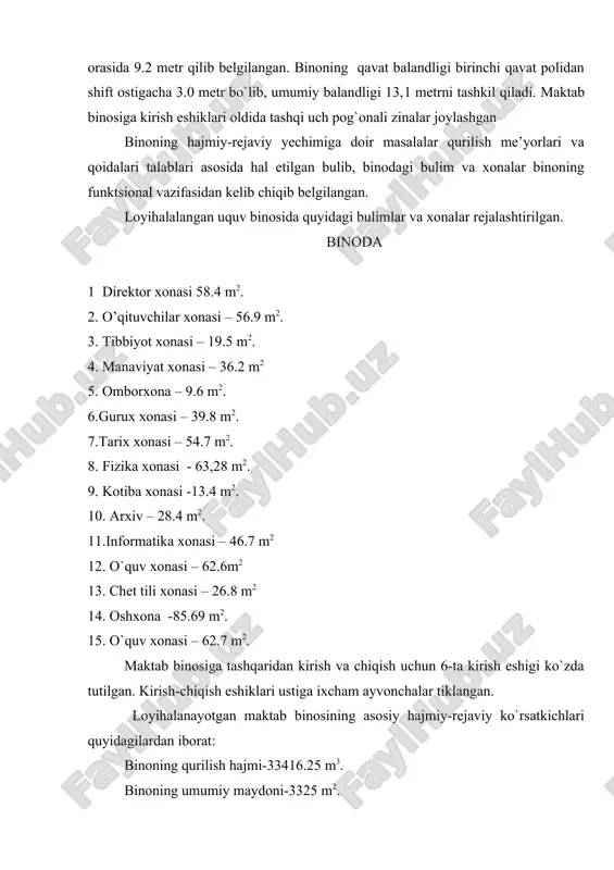 asi -13.4 m2. 10. arxiv – 28.4 m2. 11.informatika xonasi – 46.7 m2 12. o`quv xonasi – 62.6m2 13. chet tili xonasi – 26.8 m2 14. oshxona -85.69 m2. 15. o`quv xonasi – 62.7 m2. maktab binosiga tashqaridan kirish va chiqish uchun 6-ta kirish eshigi ko`zda tutilgan. kirish-chiqish eshiklari ustiga ixcham ayvonchalar tiklangan. loyihalanayotgan maktab binosining asosiy hajmiy-rejaviy ko`rsatkichlari quyidagilardan iborat: binoning qurilish hajmi-33416.25 m3. binoning umumiy maydoni-3325 m2. ishchi maydoni-3421.0 m2. rejalashtirishning maqsadga muvofiqlik koeffitsiyenti: hajmiy-rejaviy yechimning tejamlilik koeffitsiyenti: embed equation.3 binoning konstruktiv yechimlari farg’ona shahridagi 24-sonli maktab binosini konstruktiv yechimi kompleks tarzda qabul qilingan bo`lib, uning birinchi (3-4) va (5-6) o’qlari orasidagi qismlari elastik variantda qalinligi 250mm-li panelldan barpo etilgan binoning panelli qismida poydevorlar lentasimon fundament bloklaridan (fbs) terilgan bo`lib, balandligi 1.2 metrni tashkil qiladi. binoning temirbeton quyma ustunlar ostiga quyiladigan to’sinlar, ular b 12.5 sinfli og`ir betondan tayyorlanadi. poydevor tagligining rejadagi o`lchamlari chetki qatorlarda eni 1.5 m …