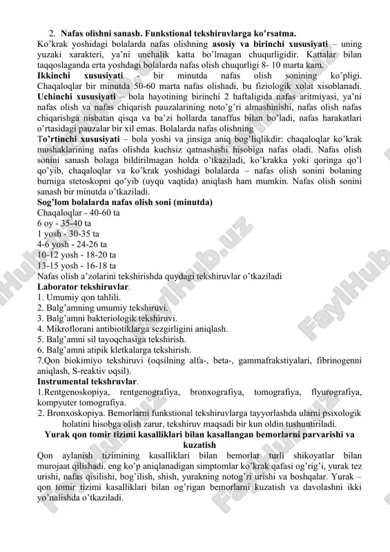 i parvarishining moxiyati shifokor buyurgan ko’rsatmani tezlik, aniqlik va vaqtida parvarishlash nazarda tutiladi. davolanish vaqtida bolalarga darslarni qilish va yengil o’yinlar o’ynashga ruxsat yetiladi. burun bitishida birinchi navbatda burun orqali nafas olishni tiklash choralari ko’rilishi lozim. bolani har safar emizish oldidan har bir burun teshigiga paxta jgut yordamida vazelin yoki boshqa yog’ga namlab burun yo’llari tozalab olinadi. bazi xollarda burun bo’shlig’idagi shilliqni tozalashda elektr so’rg’ich yoki vakum so’rg’ichdan foydalaniladi. burun bo’shlig’i quyuq shilliq bilan to’lgan bo’lsa avval mexanik tozalash yoki burun bo’shlig’ini iliq natriy xlorning izotonik eritmasi yoki dengiz suvi bilan yuviladi. dengiz suvi bilan burun bo’shlig’ini yuvish (marimer) rinosinusit, allergik va vazomator rinit, adenoidlarda tavsiya e’tiladi. burun bo’shlig’ini yuvishda ko’pgina texnik vositalar mavjud bo’lib, ulardan foydalanish xozir ommalashgan. xansirash, nafas yetishmovchilik bilan kechsa bolaning boshi bir oz ko’tarilgan xolda yotqiziladi. orqasiga 2-3 ta yostiq qo’yib, qisib turuvchi kiyimlar bo’shatiladi. doimiy toza havo kirishin taminlash yoki ingolyatsiya, oksigenoterapiya o’tkazish kerak. …
