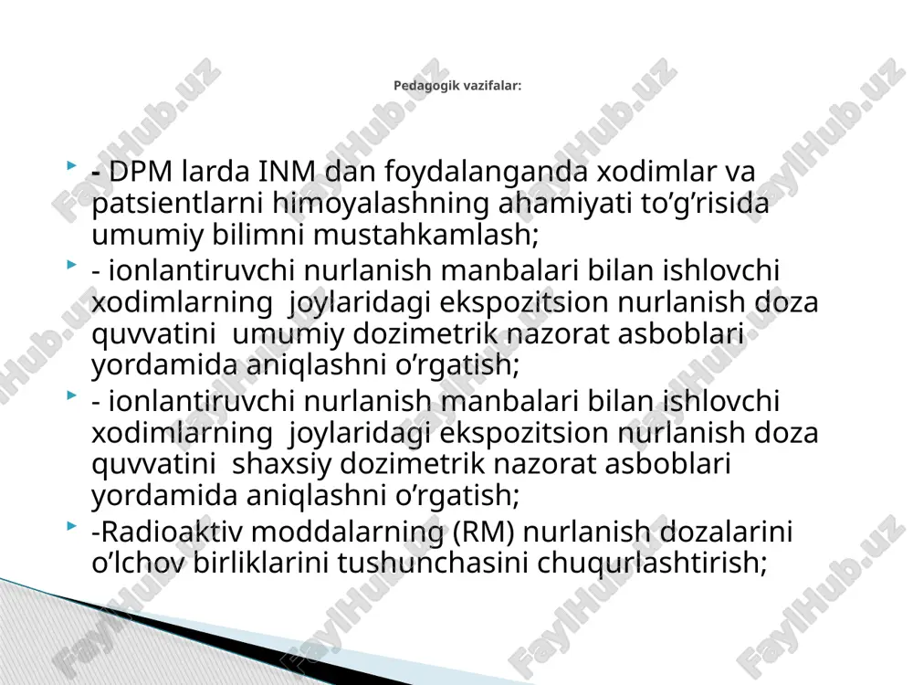 larini e’lon qiladi. o’z-o’zini, o’zaro baholashadi, savollar berishadi, uy vazifasini yozib oladilar. ionlantiruvchi nurlar tibbiyotda ishlatish xususiyatiga ko’ra ikki manbaga bo’linadi. 1. ochiq 2. yopiq yopiq ionlantiruvchi nur manba’lari- bu radiaktiv moddalarning shunday agregat holatiki, bunda radiaktiv moddalar atrof muhitga tushmaydi, ularning faqatgina nurlarigina tashqi muhitga tushadi. ochik ionlantiruvchi nur manbalari deb radiaktiv moddalarning shunday agregat holatiki, bunda tashqi muxitga faqat nurlargina emas balki radiaktiv moddalarning uzi ham atrof muxitga tushishi mumkin. nazariy qism atmosfera muxitni ionlantiruvchi nurlardan muxofaza kilish maksadida, nur manbalarida ishlovchilarning mexnat sharoitlarini xavsizligini nazorat kilish maksadida sanitar dozimetrik nazorat sdn utkazilishi shart. 1.yangitdan kuriladigan va rekonstruktsiya kilinadigan ob’ektlarning loyixalarini ekspertizadan utkazish. 2.ionlantiruvchi nur manbalaridan foydalanadigan korxona va muassasalarni xisobga olish xamda pasportizatsiyadan utkazish. 3.radiaktiv chikindilarning tuplanishi, chetlashtirilishi, zararsizlantirilishi va kumib tashlanishini nazorat kilish. 4.ionlantiruvchi nur manbalarida ishlovchilarni salomatligini tibbiy kuriklar orkali nazorat kilish. 5.radiologik ob’ektlarda va atrof muxitda radiologik nazorat utkazish 6.radiologik ob’ektlarda dozimetrik nazorat utkazish. …