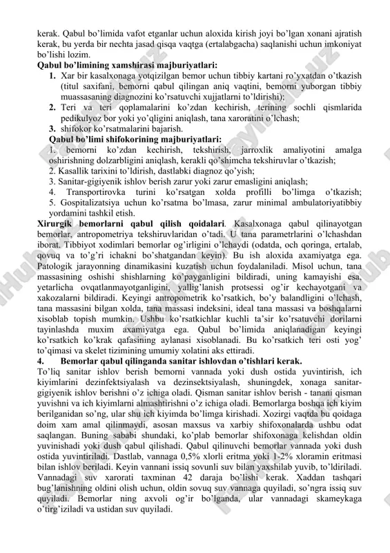 uv xonasi bemorlarga shoshilinch yordam ko’rsatish uchun mo’ljallangan (shok, vitseral kolika va boshqalar). davolash amaliyoti o’tkazish xonasini jixozlash: • kushetka; • stullar; • quyidagilarni saqlovchi tibbiy shkaf: shokka qarshi dastlabki yordam to’plami, bir martalik shpritslar, bir martalik tizimlar, shokka qarshi eritmalar, spazmolitiklar va boshqa dorilar; • steril bog’lov materiallari saqlovchi biks, dezinfektsiyalovchi eritmada saqlanuvchi steril pintset (biks bilan ishlash uchun); • steril oshqozon zondlarini, rezina siydik kateterlari va klizma uchun uchliklar saqlovchi bikslar. operatsiya-bog’lov xonasi kichik operatsiyalar uchun mo’ljallangan: • tasodifiy jaroxatga birlamchi jarroxlik ishlovini bajarish; • chiqqan suyakni joyiga solish; • oddiy sinishlarni repozitsiyalash va ularni immobilizatsiya qilish, • kichik yiringli o’choqlarni ochish va x.k. sanitar ko’rikdan o’tkaziladigan joy, uning vazifalari quyidagilardir: - kasal va jaroxatlanganlarni sanitar-gigiyenik ishlovi; - kiyim-kechak va boshqa narsalarni qabul qilish, kiyim-kechak va narsalarni inventarizatsiyalash va saqlashga olib qolish; - shifoxona kiyimlarini berish. og’ir kasal va jaroxatlanganlarni sanitar-gigiyenik ishlovi uchun portativ dush bilan jixozlangan vannaxona …