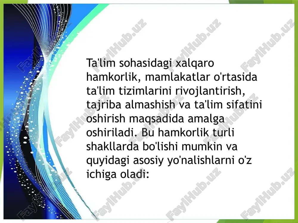 uhim ahamiyatga ega. 7. o'qish imkoniyatlarini kengaytirish xalqaro hamkorlik orqali talabalar chet elda o'qish imkoniyatlariga ega bo'ladilar. bu, ularning bilim va ko'nikmalarini kengaytiradi va yangi tajribalar orttirishlariga yordam beradi. 8. ijtimoiy va iqtisodiy rivojlanish ta'lim sohasidagi xalqaro hamkorlik, ijtimoiy va iqtisodiy rivojlanishga hissa qo'shadi. ta'lim sifatining oshishi, mamlakatlarning iqtisodiy rivojlanishiga va ijtimoiy barqarorlikka olib keladi. 9. tarmoq va hamkorlik aloqalarini rivojlantirish xalqaro hamkorlik, ta'lim muassasalari o'rtasida tarmoq va hamkorlik aloqalarini rivojlantiradi. bu, o'zaro yordam va qo'llab-quvvatlashni kuchaytiradi. 10. yoshlar uchun imkoniyatlar yaratish xalqaro hamkorlik, yoshlar uchun yangi imkoniyatlar yaratadi. bu, ularning global miqyosda raqobatbardosh bo'lishlariga yordam beradi. umuman olganda, ta'lim sohasidagi xalqaro hamkorlik, nafaqat ta'lim tizimlarini rivojlantirish, balki jamiyatlar o'rtasida do'stlik va hamjihatlikni mustahkamlashda ham muhim rol o'ynaydi. e’tiboringiz uchun rahmat!!! image1.jpeg image2.jpeg image3.jpeg image4.png /docprops/thumbnail.jpeg