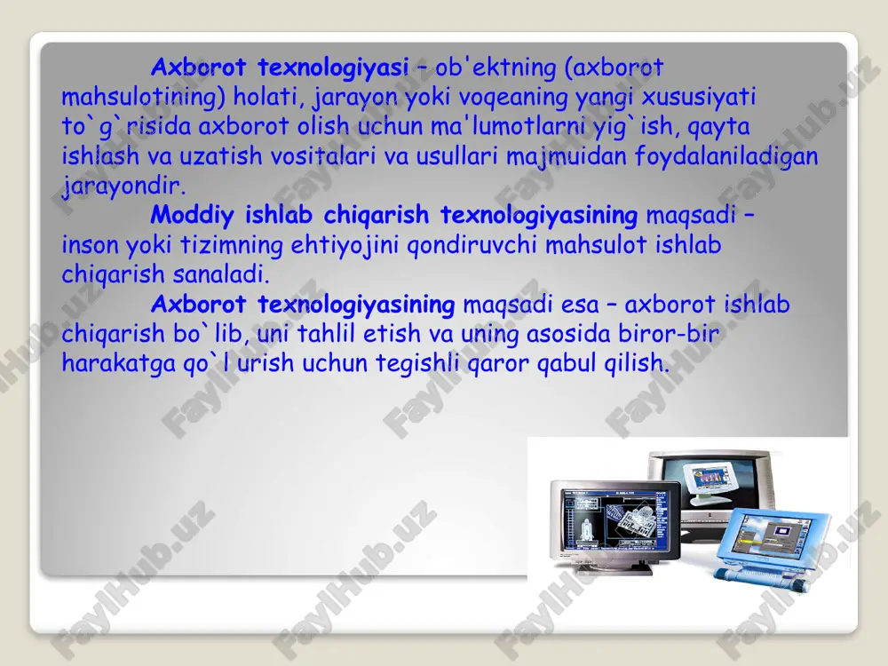rim iqtisodiy masalalar hal etilib ma'lumotlar qayta ishlanadi va boshqaruv faoliyatini avtomatlashtirish olib boriladi. boshqaruv faoliyatini avtomatlashtirishda boshqaruv qarorlarini tayyorlash uchun axborot – ma'lumotnoma rejimida ishlarni va doimiy hisobotni shakllantirish, xizmat vazifalarini kompleks ravishda hal etish uchun hisoblash vositalaridan (jumladan super ehm va shk) foydalaniladi. ushbu guruhga qarorlarni qabul qilishni qo`llab-quvvatlash bo`yicha aatni ham kiritish mumkin. u tahliliy ishlar va bashoratlarni shakllantirish, biznes–rejani tuzish, o`rganilayotgan jarayonlar, ishlab chiqarish-xo`jalik amaliyoti voqealari bo`yicha asoslangan baho va xulosalar chiqarish uchun iqtisodiy–matematik modellardan keng foydalanishni nazarda tutadi. hozirda keng tadbiq etilayotgan elektron ofis va qarorlar bo`yicha ekspert madadi deb nom olgan aat ham mazkur guruhga mansub. elektron ofis predmet sohasidagi vazifalarni kompleks amalga oshirishni ta'minlaydigan ixtisoslashtirilgan dasturlar va axborot texnologiyalarini o`z ichiga oluvchi amaliy dasturlarning integratsiyalashgan paketi bo`lishini ko`zda tutadi. foydalaniladigan texnologiyalar bo`yicha ta'minlovchi va funktsional axborot texnologiyalari o`zaro farqlanadi. ta'minlovchi texnologiyalardan turli xil masalalarni hal etish uchun turli kredit sohasida vosita sifatida foydalansa …