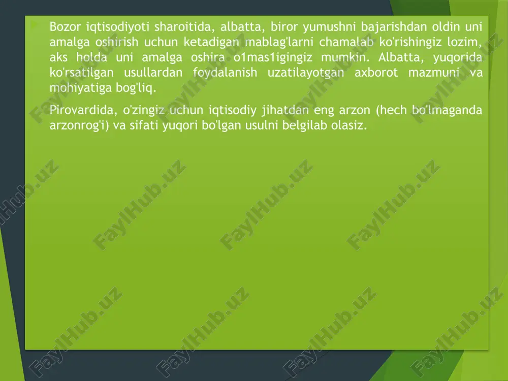 an tanishadi, ular ishlab chiqaradigan mahsulotlarni ko'radi va pirovardida o'zida avtomatlashtirish uchun kerak bo'ladigan texnik jihozlarni xarid qiladi. albatta, tashkilotlarga o’rnatilgan avtomatlashtirish jihozlari yildan - yilga yangilanib, texnik jihatdan takomillashtirib boriladi. xx asrning so'nggi o'n yili mobaynida axborotlar bilan ishlash va axborotlashtirish juda rivojlandi. bunga sabab shundaki, kundalik turmushda axborotlar, ularni qayta ishlash va uzatishning ahamiyati ortib bormoqda. vi esa, o'z navbatida jamiyatning har bir a'zosidan axborotlashtirish va axborot texnologiyalari sir1arini, uning qoida va qonuniyatlarini mukammal bilishni taqozo etadi. respublikamiz mustaqillikka erishganidan so'ng, axborotlashtirish va axborot texnologiyalaridan foydalanish yo'nalishida katta tadbir1ar amalga oshirildi. hukumatimiz tomonidan qabul qilingan «ta'lim to'g'risida»gi qonunda bu dasturning tub mohiyati bauon etilgan. shuningdek, so'nggi 5-6 yil ichida bu sohada qabul qilingan qator hujjatlar axborotlashgan jamiyatni qurish eng oliy insoniy orzu-niyatga aylanganligidan dalolat beradi. endi «axborot texnologiyasi» fanining mohiyatini yoritishga o'tamiz. kundalik turmushda turli ko'rinishdagi axborotlar, masalan, matnli, grafikli, jadvalli, ovozli (audio), rasmli, video va boshqa axborotlar …