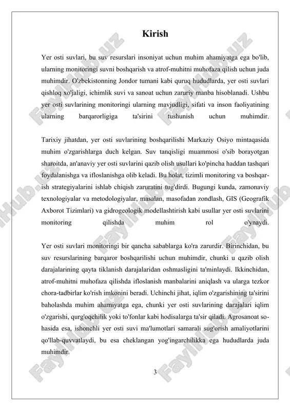 hit fanlari, qishloq xo'jaligi va shahar rejalashtirish kabi sohalar bilan o'zaro aloqalar, yer osti suvlari monitoringi atrofidagi muhokamani yanada boyitishi mumkin. jondor tumani yer osti suvlarining monitoringi atrof-muhit barqarorligi va resurslarni boshqarish uchun muhim ahamiyatga ega. zamonaviy texnologiyalarni an'anaviy usullar bilan birlashtirib, tadqiqotchilar va mahalliy hokimiyatlar yer osti suvlarining dinamikasini yaxshiroq tushunishlari mumkin. mavjud muammolar va bo'shliqlarni hal qilish, ushbu muhim resurslarning barqaror boshqarilishi uchun juda muhim bo'ladi, natijada mahalliy jamiyat va kengroq ekotizim uchun foydali bo'ladi. i. jondor tumani yer osti suvlari sifatini baholash 1.1 jondor tumani yer ostidagi suv resurslari jondor tumani yer ostidagi suv resurslari, mintaqaning qishloq xo‘jaligi, ichimlik suvi ta’minoti va sanoat ehtiyojlari uchun muhim ahamiyatga ega. jondor tumani, o‘zbekistonda joylashgan bo‘lib, qurg‘oqchil iqlim sharoitida joylashganligi sababli, yer osti suvlarining monitoringi, ularning sifatini va mavjudligini baholashda muhim rol o‘ynaydi. bu bo‘limda jondor tumani yer osti suv resurslarining xususiyatlari, ularning taqsimlanishi, sifati va monitoring jarayonlari tahlil qilinadi. …