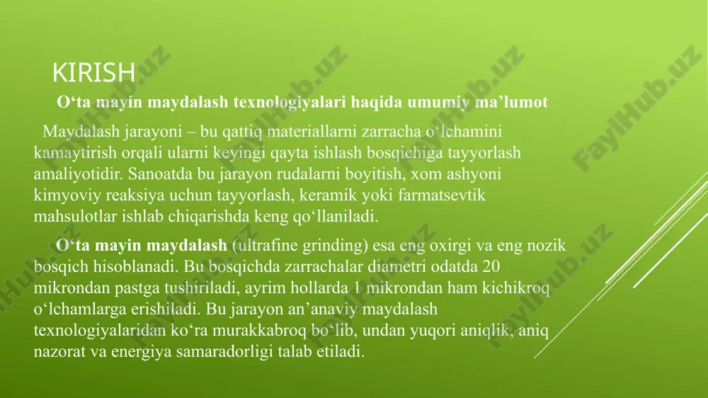 bo‘ladi. yuzasining faolligi – nanozarrachalarda sirt energiyasi yuqori bo‘ladi va ular ko‘proq o‘zaro bog‘lanishga intiladi (agregatsiya). zichlik – materialning zichligi maydalash kuchi sarfini belgilaydi. qattiqlik (mohs shkalasi) – tog‘ jinslari uchun ishlatiladigan shkalada zarrachalarning sinuvchanlik xususiyati aniqlanadi. bu xossalar asosida maydalash usuli va qurilmasi tanlanadi. energiya sarfi va samaradorlik maydalash jarayoni energetik jihatdan eng xarajatli bosqichlardan biridir. energiya sarfi umumiy sanoat xarajatining 30–50% ni tashkil qilishi mumkin. shuning uchun har qanday texnologik usulni tanlashda energiya tejamkorlik birinchi o‘rinda turadi. asosiy energiya qonunlari: bond qonuni – o‘rtacha maydalash holatlari uchun qo‘llaniladi: e=k() bu yerda e – energiya sarfi, f – dastlabki zarracha, p – yakuniy zarracha diametri. 2.kick qonuni – katta zarrachalar uchun: e=kln() 3.rittinger qonuni – o‘ta mayin maydalash uchun: e=k( - ) energiya tejash uchun: samarali rotorli tizimlar optimal tezlik sovutish tizimi qo‘llaniladi jet tegirmon (aviatsion maydalagich) tuzilishi va ishlash printsipi: jet tegirmonlar — o‘ta nozik zarrachalar olish uchun …