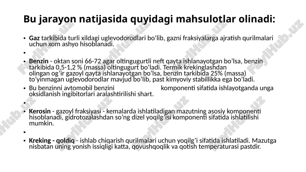 iqlik aralashtirgichda kreking qoldiq issiqligi hisobiga qizdirilib 11-rektifikastion kolonnaga ikki oqimda pastki sekstiyasiga beriladi. 11 – kolonna yarim yopiq tarelka bilan ikki qismga bo’lingan: bug’lar pastki qismidan yuqori qismga o’tadi, suyuqlik esa kolonkani ishdagi karmanlarda yig’iladi. bu erdan suyuqlik 9-nasos yordamida olinib, 3 – zmeevikli pechga beriladi. kolonnaning pastki qismidan xom – ashyoning og’ir qismi 10-nasos yordamida olinib 2-zmeevikli pechga beriladi. 2-3 zmeevikli pechdan chiqayotgan kreking mahsuloti 4-reakstion kameraga va undan so’ng 7-yuqori bosimli bug’latgichga o’tadi. bu erda aralashmadan suyuq kreking qoldiq ajratilib redukstion klapan orqali 12-past bosimli bug’lanuvchi kolonnaga tushadi. 7-kolonnani yuqoridan chiqayotgan gaz va bug’lar 11-kolonnani pastiga yuboriladi. 11-kolonna yuqorisidan benzin va gaz fraksiyalari chiqib, 6-xolodilnik kondensatorda sovutiladi. keyin 5-gazoseparatorda aralashma gaz va benzinga ajratiladi. gaz gfuga benzin esa barqarorlashtirishga yuboriladi. 8-nasos yordamida benzinning bir qismi 11-kolonna yuqorisiga sug’orishga beriloadi. 12-kolonnada bosimning pasayishi hisobiga kreking qoldiqdan gazoyl fraksiyasi ajraladi. 12-kolonnada kondensastiyalanmagan bug’lar 13-kondensator sovutgichda sovutilib kondensat 14-yig’gichda yig’iladi. …