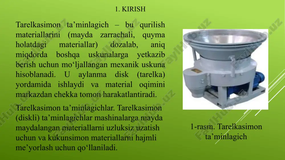 olamiz: n < 0,275 / √r yoki n < 0,386 / √d . 3–rasm. osma tipidagi tarelkasimon ta’minlagich chizmasi. ta’minlagichning ishlab chiqarish samaradorligi tarelkaning aylanishlar sonidan va pichoqni (4) bir marotaba aylanishida qirqadigan materialning hajmidan bog‘liqlikda quyidagi formula bo‘yicha aniqlanadi: bu yerda: h – material halqasining balandligi, m; r – kurak bilan qirqiladigan materialning asos halqasining tashqi radiusi, m; r – materialning olinadigan halqasining yuqori cheti radiusi, m; n – tarelkaning aylanishlar soni, ayl/sek; γhaj – materialning hajmiy massasi, kg/m3. tarelkaning validagi va ta’minlagichning uzatmasi uchun zarur bo‘lgan quvvat uncha ko‘p emas va quyidagi formula bo‘yicha aniqlanadi: n = pυk · (1 + cos β) · f1 vt, bu yerda: p – disk bo‘yicha materialning harakatida sodir bo‘ladigan ishqalanish kuchi, n; υ – tashlanadigan materialning harakat tezligi, m/sek; k – qo‘shimcha qarshiliklar koeffitsienti; β – kurak bilan tashlanadigan materialning burchagi; f1 – kurak yuzasida materialning ishqalanish koeffitsienti. 2.3 zamonaviy tarelkasimon …
