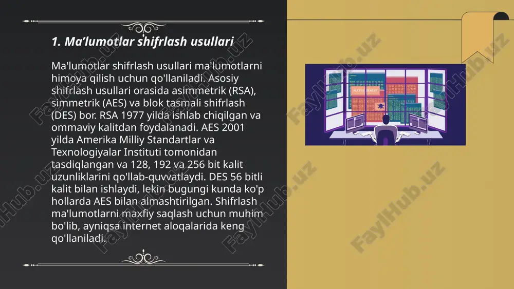 ndir, chunki u tizimlar va maʼlumotlar himoyasini taʼminlashga yordam beradi. dastlab, xavfsizlik auditlari va penetratsiya testlari o‘tkaziladi, ular orqali zaifliklarni aniqlash mumkin. penetratsiya testlari orqali 89% zaifliklar aniqlanadi. dasturiy ta’minotning shifrlash muhimligini anglash lozim, chunki 256-bit aes shifrlash algoritmi yuqori darajadagi xavfsizlikni ta’minlaydi. ma'lumotlar zaxirani saqlash 95% muvaffaqiyat darajasini oshiradi. ma’lumotlarga ruxsatsiz kirishni oldini olish uchun kuchli parollar va ikki faktorli autentifikatsiya talab qilinishi zarur. ma’lumot xavfsizligini testlash vaqt davomida muntazam amalga oshirilishi lozim. ... t.me/slaydai_bot 7. xavfsizlik siyosatlarini ishlab chiqish xavfsizlik siyosatlarini ishlab chiqish korxona va tashkilotlar uchun muhim vazifadir. bu jarayon xavfsizlik xavf-xatarlarini aniqlash, baholash va kamaytirishga qaratilgan chora-tadbirlarni ishlab chiqishni o'z ichiga oladi. xavfsizlik siyosatida odatda xodimlarning rol va mas'uliyatlari, texnologik vositalarni himoya qilish usullari va favqulodda vaziyatlarga javob berish rejalarini o'z ichiga olgan qoidalar belgilanishi zarur. kiberxavfsizlik bo'yicha siyosatlar, masalan, parol siyosatini (kamida 12 ta belgi), shifrli aloqani va foydalanuvchi huquqlarini boshqarishni talab qilishi mumkin. muvofiqlik …