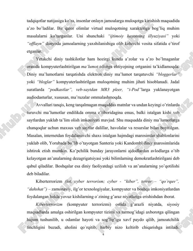 ng demokratlashtirilgani deb qabul qiladilar. boshqalar esa diniy faoliyatdagi uzilish va an’analarning yo’qotilishi deb biladilar. kiberterrorizm (lot, cyber terrorism; cyber - “kiber”, terror – “qo`rquv”, “dahshat”) – zamonaviy, ilg’or texnologiyalar, kompyuter va boshqa imkoniyatlardan foydalangan holda yovuz kishilarning o`zining g’araz niyatlariga erishishdan iborat. kiberterrorizm (kompyuter terrorizmi) ostida g’arazli niyatda, siyosiy maqsadlarda amalga oshirilgan kompyuter tizimi va tarmog’idagi axborotga qilingan hujum tushunilib, u odamlar hayoti va sog’lig’iga xavf paydo qilib, jamoatchilik tinchligini buzadi, aholini qo`rqitib, harbiy nizo keltirib chiqarishga intiladi. kiberterrorizm insoniyat uchun jiddiy xavf bo`lib, uni yadro, bakteriologik va kimyoviy qurolga tenglashtirish mumkin. hatto u o`z yangiligi tufayli to`la-to`kis o`rganib ulgurilmagan quroldir. masalan, kompyuter tarmoqlari orqali bank tizimlariga kirish va u yerdan pul mablag’larini o`marish. misol sifatida kredit kartalari bilan amalga oshirilayotgan afera (g’irromlik)lar har yili 400 million dollar atrofida zarar keltiradi. viruslardan ko`rilgan zarar esa 12 milliardni, mualliflik huquqining buzilishi 250 milliardga yaqin zarar keltiradi. turli kompyuter tizimlariga kirish …