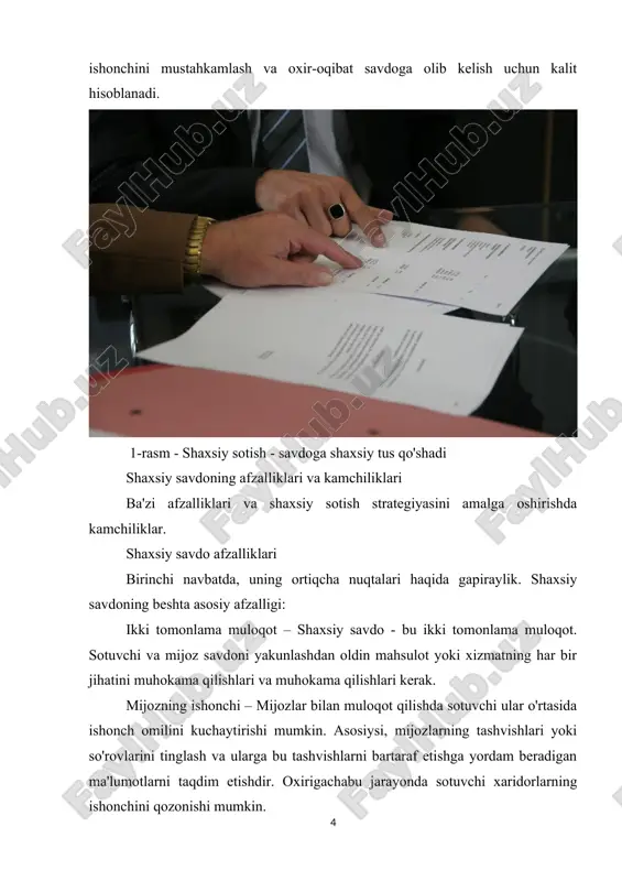 sh tajribasi va jarayon davomida duch kelishi mumkin bo'lgan har qanday muammolar haqida xabardor qilishlari mumkin. bu oxir-oqibat kompaniyaga savdo faoliyatini yaxshilashga yordam beradi. shaxsiy sotishning kamchiliklari ya'ni, shaxsiy sotish kamchiliklardan xoli emas. shaxsiy savdoni amalga oshirishda ba'zi qiyinchiliklar mavjud: o'qitish xarajatlari – yaxshi o'qitilgan savdo guruhiga ega bo'lish uning xarajatlari bilan birga keladi. kompaniyalar o'zlarining savdo guruhlarini o'qitish uchun katta miqdorda pul sarflashadi. o'quv jihozlari, sayohat xarajatlari va sog'liqni saqlash imtiyozlari savdo guruhini o'qitish bilan bog'liq ba'zi xarajatlardir. tezkor natijalar yo'q– savdo guruhini savdo strategiyasini amalga oshirishga o'rgatish ko'p vaqt talab qilishi mumkin. tez natijalarga erishish uchun yorliqlar yo'q. bu kompaniya xohlagan natijalarni berish uchun vaqt talab qiladigan jarayon. salbiy imidj – avval aytib o'tganimizdek, sotuvchilar imidjiga oid ko'plab salbiy stereotiplar mavjud. ba'zi mijozlar shaxsiy savdodan qochishadi, chunki ular sotuvni yakunlash uchun bo'ynida nafas olayotgan tajovuzkor va tajovuzkor sotuvchiga duch kelishni xohlamaydilar. yuqori aylanma – shaxsiy sotishda xodimlarning aylanmasi …