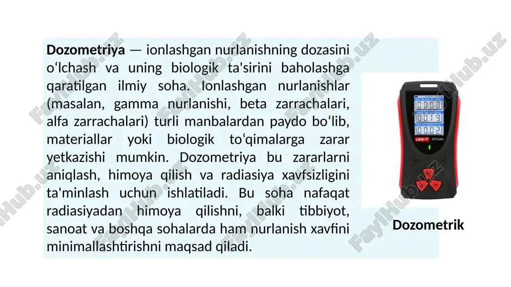 lastik kartalar yoki tasma shaklida bo‘lib, uzun muddat davomida nurlanishni o‘lchaydi. personal dozometrlar odamning nurlanish ta'sirini kuzatish va baholash uchun ishlatiladi. ionizatsiya o‘lchovchi - lari - bu asboblar ion- lashgan zarrachalar- ning elektron yoki boshqa zaryadli zarrachalar yaratishini o‘lchaydi. ularga misol yuqori aniqlikda dozometrik o‘lchovlar olib borishga imkon beradi. ionizatsiya kamerasi va gaz ionizatsiya detektorlari. ionlashgan nurlanishning miqdorini o‘lchash uchun bir qancha vositalar mavjud: 1-rasm. film dozometriyasi 2-rasm. personal dozometriyasi 3-rasm. ionizatsiya dozometri dnk ning shikastlanishi ionlashgan nurlanishlar hujayra yadrosidagi dnk zanjirlarini sindirib, genetik o‘zgarishlarga olib kelishi mumkin. bu mutatsiyalar va saraton kasalliklariga olib kelishi mumkin. yuksak dozalar zarari juda katta bo‘lishi mumkin, chunki ular hujayralarni qayta tiklanmas darajada shikastlaydi. ionlashgan nurlanishlar biologik to‘qimalar va hujayralarga ta'sir qiladi. bu ta'sirlar quyidagi ko‘rinishlarda namoyon bo‘lishi mumkin:ionlashgan nurlanishlar biologik to‘qimalar va hujayralarga ta'sir qiladi. bu ta'sirlar quyidagi ko‘rinishlarda namoyon bo‘lishi mumkin: biologik ta'sirlar radiatsion kasalliklar yuqori dozalar radiatsion kasalliklarni keltirib chiqarishi mumkin. …