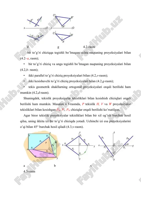 ini o’tkazish mumkin. tekislikning bir nomli bosh chiziqlari (masalan, gorizontallari) hamma vaqt bir-biriga 4.6-rasm parallel bo’ladi. ammo proyeksiyalar tekisligidan talab qilingan masofada tekislikning faqat bitta bosh chizig’ini o’tkazish mumkin. xususiy vaziyatdagi tekisliklar. agar tekislik proyeksiyalar tekisligining biriga perpendikulyar yoki parallel bo’lsa, uni xususiy vaziyatdagi tekislik deb ataladi. proyeksiyalar tekisligiga perpendikulyar bo’lgan tekisliklar proyeksiyalovchi tekisliklar deyiladi. gorizontal proyeksiyalovchi tekislik ta‟rif. gorizontal proyeksiyalar tekisligiga perpendikulyar tekislik gorizontal proyeksiyalovchi tekislik deyiladi. gorizontal proyeksiyalovchi m(mh, mv) tekislikning mv frontal izi ox o’qiga perpendikulyar bo’ladi (4.6,a,b- rasm), mh gorizontal izi esa ox o’qiga nisbatan ixtiyoriy burchakda joylashgan bo’ladi. bu tekislik gorizontal izi mh va ox o’q orasidagi burchak, m va v tekisliklar orasidagi burchakning haqiqiy qiymatiga teng bo’ladi. gorizontal proyeksiyalovchi tekislikka tegishli tekis geometrik shakllarning gorizontal proyeksiyalari to’g’ri chiziq bo’ladi va tekislikning gorizontal izi bilan ustma-ust tushadi (4.6 – b, rasm). 4.6-rasm b frontal proyeksiyalovchi tekislik ta‟rif. frontal proyeksiyalar tekisligiga perpendikulyar bo’lgan tekislik frontal proyeksiyalovchi …