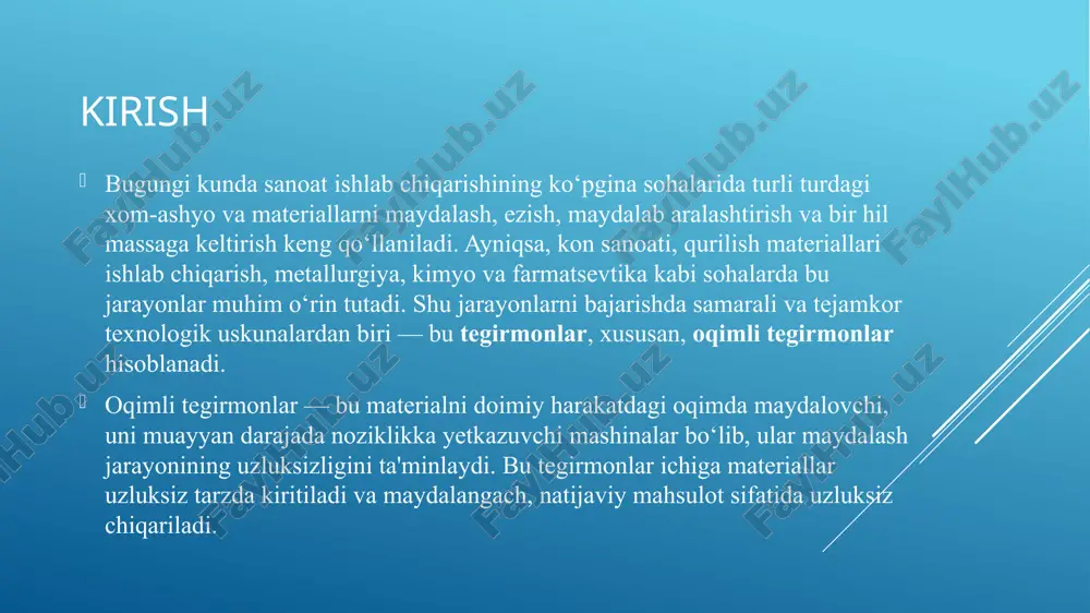 nuvchi po‘lat yoki seramika sharlar mavjud. xomashyoni urish va siljish orqali maydalaydi. qattiq va o‘rta qattiqlikdagi materiallar uchun mo‘ljallangan. qo‘llanilishi: sement sanoati rudalarni maydalash keramika materiallari ishlab chiqarish 2. sterjenli oqimli tegirmon (rod mill) xususiyatlari: maydalovchi elementlar — sterjenlar (uzun po‘lat tayoqlar). kamroq nozik maydalash uchun ishlatiladi. sharli tegirmonlarga nisbatan bir hilroq mahsulot beradi. qo‘llanilishi: qattiq rudalarni dastlabki maydalash qazib olingan materiallarni dastlabki tayyorlash 3. avtomatik (avtojen) oqimli tegirmon (ag mill) xususiyatlari: maydalovchi jism sifatida materialning o‘zi ishlatiladi. yuqori darajada energiya samaradorligi. qo‘llanilishi: yengil va o‘z-o‘zini maydalashga mos materiallar metallurgiya, kimyo sanoati 4. yarim-avtomatik (sag) oqimli tegirmon xususiyatlari: birgalikda sharlar va o‘z-o‘zini maydalovchi materiallar ishlatiladi. ag tegirmonlarga nisbatan kengroq qo‘llaniladi. qo‘llanilishi: yuqori quvvatli sanoat liniyalari katta hajmdagi maydalash jarayonlari tegirmon turi maydalash usuli qo‘llanilish sohasi quruq oqimli tegirmon quritilgan material sement, qurilish materiallari ho‘l oqimli tegirmon suv bilan aralashgan kimyo, keramika, ruda boyitish ochiq siklli tegirmon teskari oqimsiz oddiy maydalash …