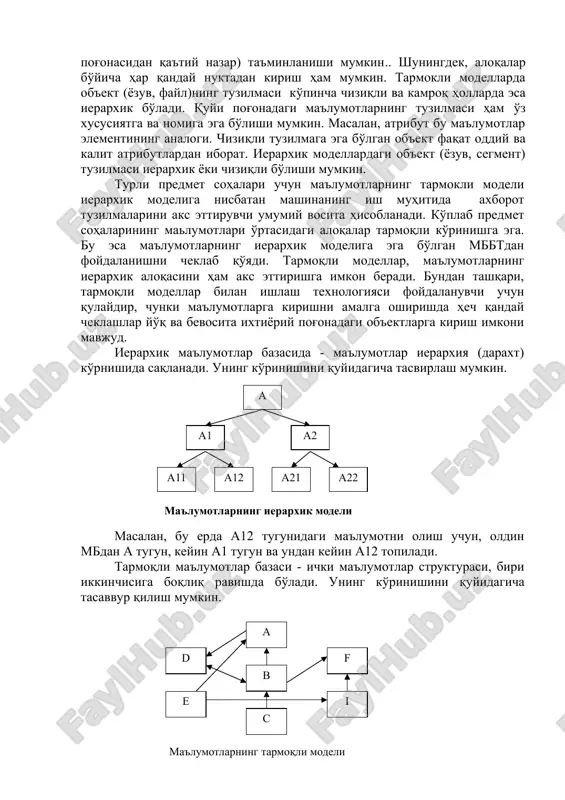 , ular asosiy yozuvlar to'plami va tobe yozuvlar to'plamidan iboratdir. ierarxik modellarda kalit bo'yicha bevosita kirish odatda, faqat boshqa ob'ektlarga tobe bo'lmagan eng yuqori pog'onadagi ob'ektgagina mumkin. boshqa ob'ektlarga kirish modelning eng yuqori pog'onasidagi ob'ektdan aloqalar bo'yicha amalga oshiriladi. tarmoqli modellarda esa kalit bo'yicha bevosita ixtiyoriy ob'ektga kirish (uning modelda joylashgan pog'onasidan qa'tiy nazar) ta'minlanishi mumkin.. shuningdek, aloqalar bo'yicha har qanday nuktadan kirish ham mumkin. tarmokli modellarda ob'ekt (yozuv, fayl)ning tuzilmasi ko'pincha chiziqli va kamroq hollarda esa ierarxik bo'ladi. quyi pog'onadagi ma'lumotlarning tuzilmasi ham o'z xususiyatga va nomiga ega bo'lishi mumkin. masalan, atribut bu ma'lumotlar elementining analogi. chiziqli tuzilmaga ega bo'lgan ob'ekt faqat oddiy va kalit atributlardan iborat. ierarxik modellardagi ob'ekt (yozuv, segment) tuzilmasi ierarxik yoki chiziqli bo'lishi mumkin. turli predmet sohalari uchun ma'lumotlarning tarmokli modeli ierarxik modeliga nisbatan mashinaning ish muhitida axborot tuzilmalarini aks ettiruvchi umumiy vosita hisoblanadi. ko'plab predmet sohalarining malumotlari o'rtasidagi aloqalar tarmoqli ko'rinishga ega. bu esa …