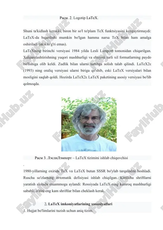 ga havolalar va o'zaro ma'lumotnomalarni joylashtirish, tire. 3. bibliografiya yaratish mexanizmi ishlab chiqilgan, bitta buyruq tarkibidagi jadvalni avtomatik ravishda yaratish. 4. latex alifbo indeksini tayyorlashni avtomatlashtiradi. 5. matematik, fizik, kimyoviy va biologik matnlarni matbaa sanoatida qabul qilingan standartlarni, shuningdek har qanday ilmiy hujjatlarni (shu jumladan gumanitar yo'nalishni) hisobga olgan holda tayyorlashning eng yuqori sifati. 6. kosmik ro'yxat va belgilangan hujjat turiga qarab, hujjat elementlarini "aqlli" joylashtirish va muvozanatlashtirishning avtomatik tizimi. 7. sahifada bir nechta vazirlarni aniqlashga imkon beradi va ularning har birida izohlarga ruxsat beriladi. 8. diagrammalar, grafikalar, sxemalar, algoritmlarni vektor shaklida kiritish uchun katta vositalar to'plami. 9. mumkin bo'lgan keng doiradagi hujjatlar: oddiy ishbilarmonlik xatlaridan tortib, yuqori sifatli bosma sifatli maqolalar, ma'ruzalar va kitoblar. 10. latex-ga egalik qilish har qanday sohadagi tadqiqotchining (ayniqsa, ta'lim sohasi xodimining) kasbiy malakasining ko'rsatkichidir. 11. bu bepul dasturiy ta'minot. kamchiliklar 1. faylni kompilyatsiya qilish ibtidoiy matn protsessorlariga qaraganda ancha muhim mashina resurslarini sarf qilishi …
