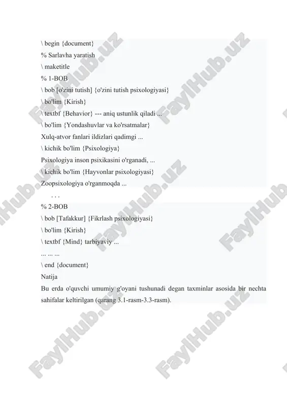kichik bo'lim {1-kichik sarlavha ... ... ... \ kichik bo'lim {2-kichik sarlavha ... ... ... \ kichik bo'lim {3-kichik sarlavha ... ... ... \ kichik bo'lim * {xulosa} ... ... ... \ end {document} shakl: 3.4. * buyrug'idan foydalanishning misoli - sarlavhalar. 4.mundarija yaratish muntazam sarlavhalar uchun tarkib ofis dasturlari foydalanuvchilari hujjat tarkibini yaratish uchun dastlabki konfiguratsiya va formatlashni talab qilishini bilishadi. masalan, ms word-da tarkib jadvalini yig'ish uchun maxsus mexanizm mavjud. umuman olganda, bu juda oddiy va faqat sarlavha uslublarini malakali sozlashni talab qiladi. latex tarkibni jadvalini nihoyatda nafis tarzda yaratish vazifasini bajaradi. \ mundarija buyruq yaratilgan sarlavhalar asosida avtomatik ravishda tarkib jadvalini hosil qiladi. • agar sarlavha qisqa sarlavhaga ega bo'lsa, u bosilib chiqadi. • * bilan belgilangan sarlavhalar tarkib jadvaliga kiritilmagan. • buyruq hujjatning istalgan joyida joylashgan bo'lishi mumkin (lekin uni hujjatning boshida yoki oxirida joylashtirish tavsiya etiladi). * sarlavhalarini tarkibiga kiritish agar tarkibiga * -kategoriyasini kiritishingiz …