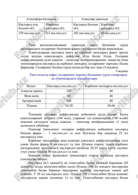 0 5,00 80,00 nafas chiqaish havosi alveolalar va zararli (o'lik) bo'shliq havo aralashmasidan iborat, tarkibi atmosfera havo tarkibidan keskin farq qiladi. shuning uchun nafas havosida alveolyar havoga qaraganda kislorod ko'proq karbonat angidrid esa kamroq. o'pka ventilyatsiyasida kislorod va karbonat angidrid gazlarining alveolalardagi parsial bosimining nisbiy doimiyligini, turg'unligini saqlab turadi. atmosfera havosidagi bosim 760 mm.sim.ust. teng bo'lganda (2-jadval). 2-jadval atmosfera va alveolyar havosidagi kislorod va karbonat angidrid gazlarining parsial bosimi atmosfera bosimida alveolyar havosida kislorod atm. bosimi po2 karbonat angidrid po2 kislorod bosimi po2 karbonat angidrid po2 159 mm.sim.ust. 0,3 mm.sim.ust. 102 mm.sim.ust. 40 mm.sim.ust. o'pka ventilyatsiyasining xarakteri nafas yo'lining turli qismlaridagi gazlarning bosimini farqi (gradienti) bilan aniqlanadi. alveolalardan kislorod qonga va karbonat anhgidrid faqat erigan xolda qondan alveolalarga diffuziya yo'li bilan o'tadi. gazlarni diffuziyalanish kuchi alveola – kapillyar membranalarining tashqi va ichki tomonlaridagi kislorod va karbonat angidrid gazlarining partsial bosim farqidir. gazlarning bosimi turli muhitda bir xil emas (3-jadval). 3-jadval …