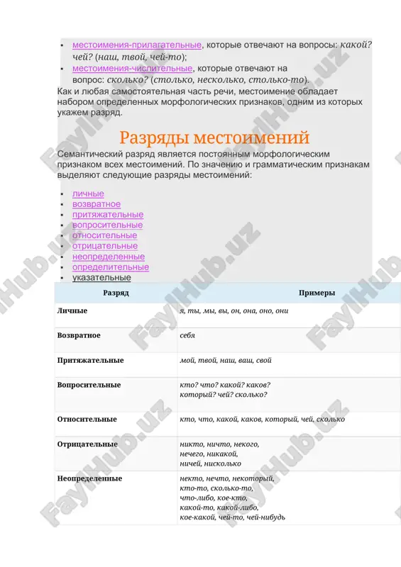 ts. opredelitelnie sam, samiy, kajdiy, lyuboy, vsyakiy, tseliy, inoy, ves, drugoy drugoy put predstoit nam. zavtra vse pokajetsya inim. ukazatelnie etot, tot, takoy, takov, tot-to, takoy-to, stolko, stolko-to za tem domom kafe. stolko radosti bilo v ee glazax! sut voprosa takova, chto luchshe reshit ego vmeste. u lichnix mestoimeniy postoyannim morfologicheskim priznakom yavlyaetsya grammaticheskaya kategoriya litsa. kak izmenyayutsya mestoimeniya mestoimeniya obladayut nepostoyannimi grammaticheskimi priznakami padeja, roda i chisla. vse mestoimeniya izmenyayutsya po padejam, krome neskolkix nesklonyaemix slov, imeyushix zastivshie formi odnogo ili dvux padejey: · otritsatelnie mestoimeniya «nekto» (forma i. p.), «nechto» (forma im. p. i v. p.); · prityajatelnie mestoimeniya «ego», «eyo», «ix» (forma r. p.). ukazatelnie mestoimeniya «takov» i voprositelnoe (otnositelnoe) «kakov» izmenyayutsya tolko po rodam i chislam: · takov vopros , takova deystvitelnost, takovo reshenie, takovi ukazaniya; · kakov master, kakova rabota, kakovo soderjanie, kakovi itogi; ponablyudaem, kak sklonyayutsya lichnie mestoimeniya, u kotorix menyaetsya koren i voznikayut …