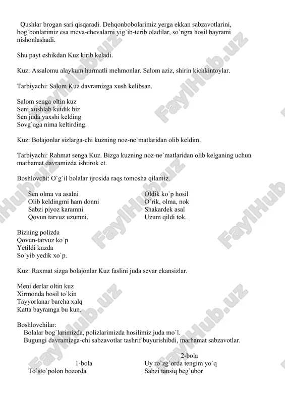 mda. xo`roz sholg`omni olib ketadi, so`ngra g`oz kirib keladi. mana men g`ozvoy-g`ozvoy hech kim yo`qmi hoy-hoy qnday yaxshi polizda ovqat bo`lsa yonimda. g`oz pomidorni olib ketadi, so`ngra echki kirib keladi. mana men echkijon, echki me-me-me qanday yaxshi polizda ovqat bo`lsa yonimda. echi sabzi, piyozni olib ketadi. shu payt sakrab, sakrab quyonchalar kirib keladi. kelib qoldi omadim polizga tushib qoldim keling shalpangquloqlar sabzi karam yeb qoling. shu payt ikkinchi quyon kirib keladi. o`rtoqjon qaragin polizda katta-katta sersuv karamlar o`sib yotibdi, kel mazza qilib yeymiz. ular karamlar bilan raqsga tushadilar. shu payt vali qorovul uyg`onib qoladi. vali: ha, endi qo`lga tushdilaringmi? endi mendan qochib qutula olmaysizlar. valining jahli chiqib to`nkaga o`tirib oladi. vali: qani karam, qani sabzilar? piyozlar yo`q, ko`katlar qani? sho`rim quridi. shu payt xo`roz kirib keladi. -qu-qu-qu. xafa bo`lma azim vali. sen xushyor bo`la olmading. o`z ishingga yengil qarading. endi bunday qilmagin. biz sening oldingga bayramni birga o`tkazgali keldik. echki: …