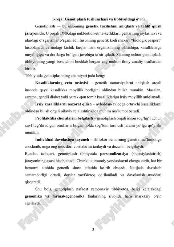 li bemorga mos dori vositasini tanlash imkonini beradi. tibbiyotda bu jarayon farmakogenomika deb yuritiladi. farmakogenomika dori vositalarining organizmda qanday so‘rilishi, taqsimlanishi, parchalanishi va chiqarilishida genlarning rolini o‘rganadi. misol uchun: · ayrim bemorlarda jigar fermentlarini kodlovchi genlar boshqalarnikidan farq qiladi. shu sababli ularda dorilar tezroq parchalanib, ta’siri qisqa davom etadi. · ba’zi insonlarda esa aksincha, dori sekin parchalanadi va organizmda to‘planib, kuchli nojo‘ya ta’sirlarni keltirib chiqaradi. · genotiplash orqali ushbu o‘zgarishlar oldindan aniqlansa, shifokor bemorga dori dozasini moslab belgilaydi. masalan, warfarin (qonni suyultiruvchi dori) yoki statinlar (xolesterin darajasini pasaytiruvchi dori) kabi keng qo‘llaniladigan dorilar har bir insonda bir xil samarani bermaydi. genotiplash yordamida bemorning genetik xususiyatlari o‘rganilib, unga eng xavfsiz va samarali dori kombinatsiyasi tanlanadi. bu esa davolashning sifatini oshirish bilan birga, nojo‘ya ta’sirlarni kamaytiradi. shunday qilib, genotiplash asosida dori vositalarini tanlash: · davolashni yanada samarali qiladi, · nojo‘ya ta’sirlarni oldini oladi, · dori-darmonlarni to‘g‘ri dozada belgilashga yordam beradi, · har …