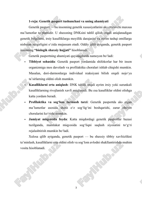 rsatiladi. har bir inson organizmi dori vositalarini turlicha qabul qilishi mumkin. shifokor uchun bu ma’lumot juda muhim bo‘lib, noto‘g‘ri davolash oqibatlarini kamaytirishga yordam beradi. shuningdek, immun tizimi xususiyatlari, tashqi muhit omillariga sezgirlik, allergiyaga moyillik va sog‘lom turmush tarziga oid tavsiyalar ham genetik pasport tarkibiga kiradi. demak, genetik pasportning tuzilishi keng qamrovli bo‘lib, unda shaxsning genetik belgilaridan tortib, sog‘liqni saqlashga oid amaliy tavsiyalargacha bo‘lgan barcha muhim ma’lumotlar o‘z aksini topadi. bu esa uni inson hayotining barcha bosqichlarida muhim yo‘riqnoma sifatida qadrlashga asos yaratadi. genetik pasportdan foydalanish yo‘nalishlari va foydasi genetik pasport bugungi kunda nafaqat tibbiy sohada, balki ta’lim, sport, ekologiya va boshqa turli jabhalarda ham qo‘llanilmoqda. avvalo u inson salomatligini asrash va individual davolash usullarini ishlab chiqishda muhim vosita hisoblanadi. genetik pasport yordamida shaxsning qaysi dori-darmonlarga ijobiy ta’sir qilishi, qaysilari esa salbiy oqibat keltirib chiqarishi oldindan aniqlanadi. bu shifokorlarga har bir bemor uchun alohida davolash rejasi tuzishga yordam beradi. shuningdek, genetik …