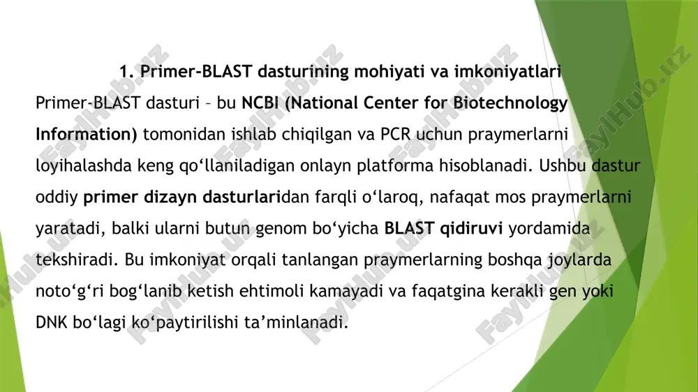 erning dnkga mustahkam yopishishini ta’minlaydi. uchinchidan, erish harorati (tm) ko‘pincha 55–65 °c oralig‘ida tanlanadi. har ikkala praymerning tm qiymati bir-biriga yaqin bo‘lishi (odatda 2 °c farqdan oshmasligi) pcr reaksiyasining barqarorligini oshiradi. to‘rtinchidan, praymerlarda ikkinchi darajali tuzilmalar hosil bo‘lmasligi kerak. masalan, soch tolasi shaklidagi strukturalar yoki praymer dimerlari yuzaga kelsa, ular maqsadli dnk bilan emas, balki o‘zaro bog‘lanib, pcr samaradorligini pasaytiradi. shuningdek, praymerlarning 3’-oxiri dnk sintezi boshlanadigan asosiy nuqta bo‘lgani uchun bu qismning barqaror bo‘lishi juda muhim. shu bilan birga, pcr mahsulotining kutilayotgan uzunligi ham oldindan rejalashtirilishi kerak. demak, praymer dizaynida barcha bu talablarni hisobga olish natijani ishonchli va aniq chiqarishga xizmat qiladi. primer-blast dasturida amaliy ishlash bosqichlari primer-blast dasturidan foydalanish oddiy bo‘lib, foydalanuvchidan maxsus tajriba ko‘nikmalarini talab qilmaydi. ammo samarali praymerlar olish uchun ketma-ket asosiy bosqichlarni to‘g‘ri bajarish zarur: maqsadli dnk yoki gen ketma-ketligini kiritish. tadqiqotchi avval ncbi ma’lumotlar bazasidan kerakli gen yoki dnk bo‘lagini tanlaydi yoki o‘zida mavjud bo‘lgan …