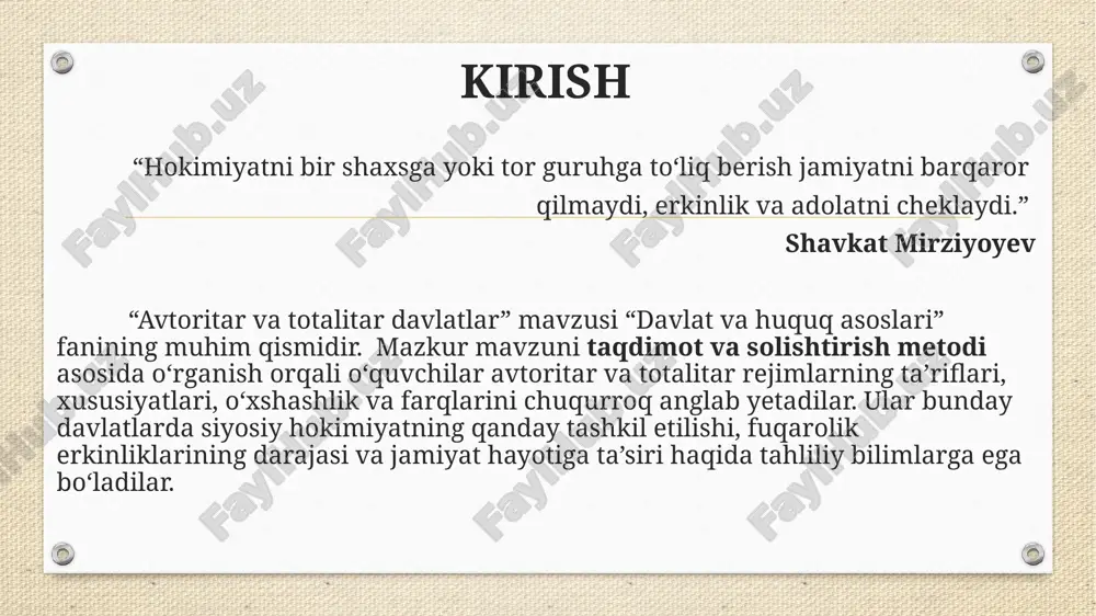 ar davlatlar” mavzusiga oid matnli tarqatmalar va jadval (o‘xshashlik va farqlarni aniqlash uchun) taqdim etiladi. har bir guruhga muammoli ta’lim texnologiyasi asosida topshiriq beriladi (masalan, “avtoritar rejimning bir afzalligi va bir salbiy jihatini ko‘rsating”). 2. tadqiqot bosqichi o‘quvchilar berilgan mavzular bo‘yicha guruhlarda mustaqil izlanish olib boradilar. qo‘shimcha manbalar (slayd taqdimoti, darslik, tarixiy misollar) asosida dalillar yig‘iladi. har bir guruh o‘z natijalarini jadval yoki venn diagramma ko‘rinishida tayyorlaydi. 3. taqdimot va muhokama har bir guruh o‘z xulosalarini taqdim etadi (slayd, jadval yoki rasmli texnologiya asosida). kichik guruhlarda o‘rganilgan materiallar bo‘yicha savol-javob va fikr-mulohazalar bildiriladi. o‘qituvchi yakuniy xulosa chiqaradi va mavzuni umumlashtiradi. kutilayotgan natijalar kichik guruhlarda solishtirish metodi asosida tashkil etilgan dars natijasida o‘quvchilar: “avtoritar va totalitar davlatlar” mavzusini mustaqil o‘rganadilar va tahlil qiladilar. ushbu rejimlarning o‘zaro bog‘liqligini tushunadilar hamda ularning bugungi kun va tarixiy jarayonlarga ta’sirini anglaydilar. izlanish va tadqiqot, jamoaviy ishlash, taqdimot qilish ko‘nikmalarini rivojlantiradilar. davlat va huquqiy tuzumlarga oid …