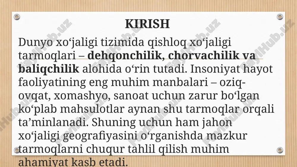 yetishtirishda dunyo oldida. afrika – tropik mevalar, kofe, kakao, palma yog‘i bilan mashhur. avstraliya va okeaniya – bug‘doy va sholi yetishtirish asosiy yo‘nalish. dehqonchilikda yetakchi mamlakatlar xitoy – dunyoda eng ko‘p sholi va bug‘doy yetishtiradi. hindiston – sholi, choy, shakarqamishda yetakchi. aqsh – makkajo‘xori, bug‘doy va soya yetishtirishda birinchi o‘rinlarda. braziliya – shakarqamish va kofe eksportida yetakchi. rossiya va ukraina – bug‘doy eksportchilari sifatida mashhur. payvant qilinan bodam ko`chatlari chorvachilik tarmoqlari va ularning mahsulotlari qoramolchilik – go‘sht va sut mahsulotlari (xitoy, hindiston, aqsh, braziliya, rossiya yetakchi). qo‘ychilik – go‘sht, jun, sut (avstraliya, yangi zelandiya, xitoy, hindiston, o‘zbekiston). echkichilik – go‘sht, sut, mo‘yna (hindiston, pokiston, efiopiya, sudan). cho‘chqachilik – go‘sht (xitoy, aqsh, germaniya, braziliya, ispaniya). parrandachilik – tuxum va go‘sht (xitoy, aqsh, braziliya, rossiya, hindiston). otchilik va tuyachilik – asosan transport, sport va sut mahsulotlari uchun (mongoliya, qozog‘iston, o‘zbekiston, arab mamlakatlari). chorvachilikning geografik joylashuvi osiyo – hindiston qoramolchilikda, xitoy cho‘chqachilik va …