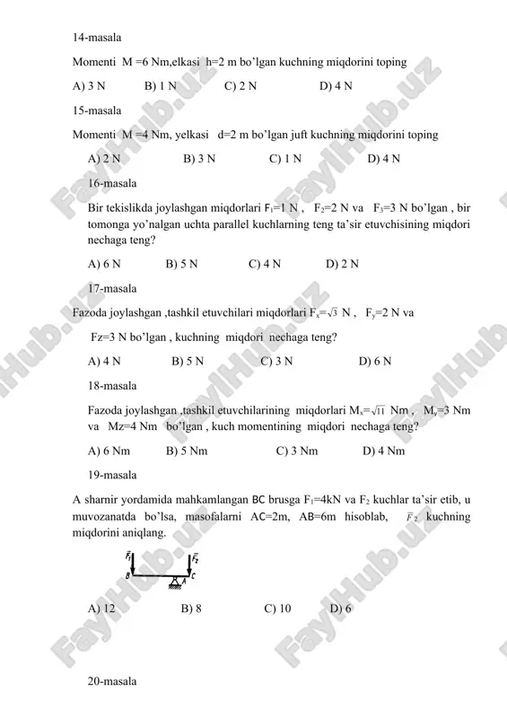 qancha bo’ladi? a) 5 b)3 c)6 d)4 26-masala s=0,5t2+4t traektoriya bo’ylab harakat qilayotgan nuqta qancha vaqtda 10m/s tezlikka erishadi? a) 6 b)10 c)5 d)4 27-masala jism qo’zg’almas o’q atrofida φ=4+2t3 qonun bo’yicha aylansa, burchakli tezligi ω=6rad/s bo’lgan paytda jismning burchak tezlanishini aniqlang. a) 12 b)10 c)8 d)14 28-masala to’g’ri chiziqli harakatdagi raketaning tezligi 3000 m/s dan 5000 m/s ga yetishi uchun unga 20 m/s2 tezlanish berish kerak bo’lsa, buning uchun raketaning dvigateli necha sekund ishlashi lozim? a) 100 b)50 c)20 d)60 29-masala massasi m=3kg bo’lgan moddiy jism fazoda f=9 n kuch ta’sirida harakatlanadi. nuqtaning tezlanishini hisoblang. a) 3 b) 1/3 c)27 d)12 30-masala s=0,5t2+4t traektoriya bo’ylab harakat qilayotgan nuqta qancha vaqtda 10m/s tezlikka erishadi? a) 6 b)10 c)5 d)4 _1736406276.unknown _1736406277.unknown _1736406278.unknown _1736406279.unknown _1736406280.unknown _1736406281.unknown _1736406282.unknown 7 3 5 6 3 11 f