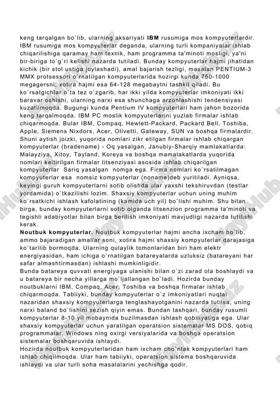 minikompyuterlar (kichik kompyuterlar) hajmi va bajaradigan amallar tezligi jihatidan blok kompyuterlardan kamida bir poqona pastdir. shuni aytish joizki, ularning gabariti (hajmi) tobora ixchamlashib, hatto shaxsiy kompyuterdek kichik joyni egallaydiganlari yaratilmoqda. bunday kompyuterlar turkumiga ilk bor yaratilgan pdp-11 (programm driver processor-dasturiy boshqaruv protsessori) turkumini, ilgari harbiy maqsadlar uchun ishlatilgan (maxfiy hisoblangan) vax, sun turkumli kompyuterlar, ibm 4381, hewlett packard firmasining hp 9000 va boshqalar minikompyuterga misol bo`la oladi. shuni aytish joizki, minikompyuterlar o`zlarining katta og`alari manframe kompyuterlarni imkoniyatlari darajasiga ko`tarilib bormoqda. buning uchun tarixga nazar solish va hozirgi ularning taraqqiyotini kuzatish yetarli. shaxsiy kompyuterlar hozirda korxonalar, muassasalar, oliy o`quv yurtlarida keng tarqalgan bo`lib, ularning aksariyati ibm rusumiga mos kompyuterlardir. ibm rusumiga mos kompyuterlar deganda, ularning turli kompaniyalar ishlab chiqarilishiga qaramay ham texnik, ham programma ta'minoti mosligi, ya'ni bir-biriga to`g`ri kelishi nazarda tutiladi. bunday kompyuterlar hajmi jihatidan kichik (bir stol ustiga joylashadi), amal bajarish tezligi, masalan pentium-3 mmx protsessori o`rnatilgan kompyuterlarida hozirgi …