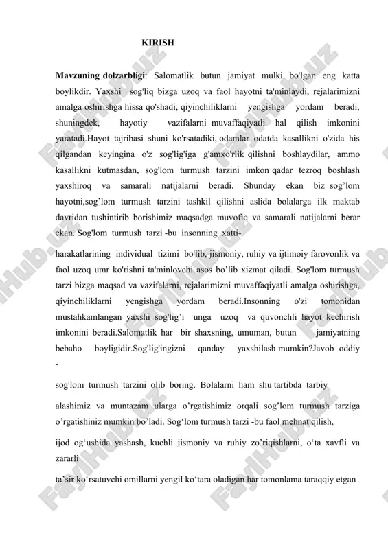 ayonida olib borilgan ishlar haqida so'z olib borilgan va o'tgan asrdagi qilingan va amaliy qilingan ishlarni hozirgi kunda yana nimalar qilish kerakligi haqida bayon qilingan. i.bob. bolalarda sog‘lom turmush tarzi rivojlantirish 1.1. sogʻlom turmush tarzi sog'lom turmush tarzi - bu kasallikning oldini olish va sog'lig'ini mustahkamlashga qaratilgan shaxsning turmush tarzi. sog'lom turmush tarzi bizning maqsad va vazifalarimizni amalga oshirishga, rejalarimizni muvaffaqiyatli amalga oshirishga, qiyinchiliklarni engishga yordam beradi va agar kerak bo'lsa, katta ortiqcha yuklarni engishga yordam beradi. insonning o'zi tomonidan qo'llab-quvvatlanadigan va mustahkamlangan yaxshi sog'liq unga uzoq va baxtli hayot kechirishga imkon beradi. psixoaktiv moddalar (giyohvand moddalar) psixofaol moddalarni (giyohvand moddalarni) iste'mol qilishga qaramlik - bu og'riqli tortishish bo'lib, u birinchi navbatda tananing aqliy va jismoniy funktsiyalarini jiddiy buzilishlarga olib keladi. dorilar zahar ekanligi hech kimga sir emas. qabul qilingan miqdordan qat'i nazar, ular sog'lig'imizga tuzatib bo'lmaydigan zarar etkazadi. giyohvand moddalar uchta xususiyatga ega bo'lishi kerakligi umumiy qabul qilinadi: ular …