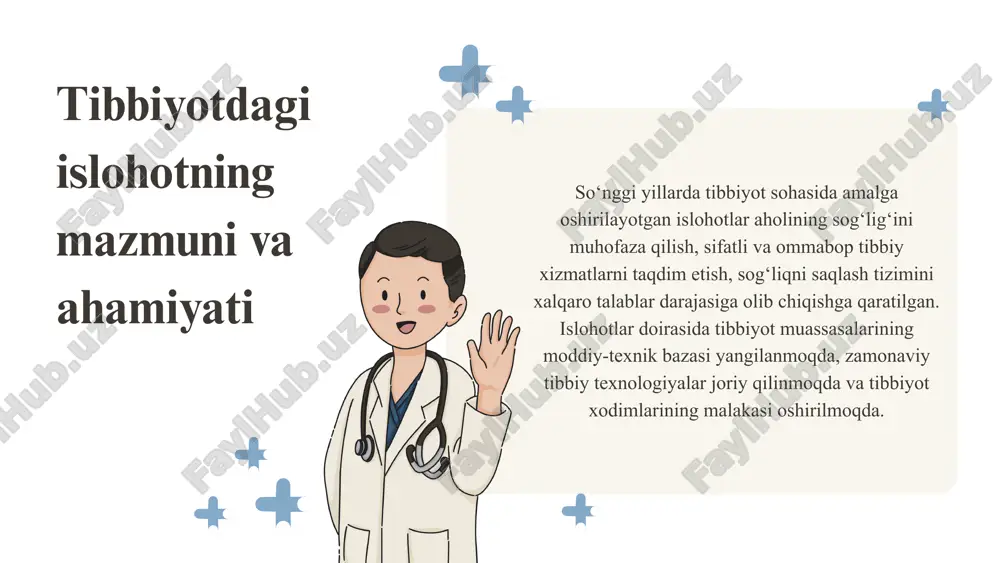 sh yo‘llari hal etish yo‘llari: moliyaviy taqsimotni hududlar kesimida tenglashtirish. xarajatlar ustidan raqamli monitoring tizimlarini joriy etish. xususiy sektorga soliq imtiyozlari va soddalashtirilgan litsenziya tartiblarini taklif etish. jamoatchilik va fuqarolik jamiyati instituti nazoratini kuchaytirish bu chora-tadbirlar sog‘liqni saqlash islohotlarini yanada barqaror va samarali olib borishga xizmat qiladi. moliyaviy ta’minotdagi muammolar va ularni hal etish yo‘llari tibbiyotdagi islohotlarni moliyaviy taʼminlash — aholiga sifatli va qulay tibbiy xizmat ko‘rsatishni taʼminlash uchun byudjet mablag‘lari, investitsiyalar va boshqa moliyaviy manbalarni oqilona yo‘naltirish jarayonidir.tibbiyot sohasidagi islohotlarni moliyaviy ta'minlash — sog‘liqni saqlash tizimini modernizatsiya qilish, xizmatlar sifati va qamrovini oshirish uchun zaruriy moliyaviy resurslarni aniqlash, jalb etish va samarali boshqarishni o‘z ichiga oladi. xulosa o‘zbekiston respublikasi sog‘liqni saqlash vazirligi materiallari va yillik hisobotlari. o‘zbekiston respublikasi prezidentining sog‘liqni saqlash sohasini rivojlantirishga oid farmon va qarorlari. "sog‘liqni saqlash iqtisodiyoti" – m. q. axmedov, t. r. jabborov. "tibbiyot menejmenti va sog‘liqni saqlash tizimi" – a. q. karimov. foydalanilgan adabiyotlar …