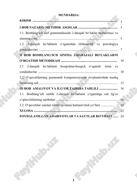 lang‘ich sinf ona tili darslarida gapning 2-darajali bo‘laklarini o‘rgatish jarayonida qo‘llaniladigan metodik usullar, mashq turlari va ularni o‘quvchilarga yetkazish yo‘llaridir. kurs ishining obyekti - boshlang‘ich ta’lim tizimida ona tili fanini o‘qitish jarayoni, xususan, 2-darajali bo‘laklarni o‘rgatish amaliyotidir. kurs ishining maqsadi - boshlang‘ich sinf o‘quvchilariga gapning 2-darajali bo‘laklarini samarali va bosqichma-bosqich o‘rgatishning nazariy hamda amaliy asoslarini o‘rganish, ilg‘or metodik yondashuvlarni aniqlash va ularni ta’lim jarayonida qo‘llash yo‘llarini asoslab berishdan iborat. kurs ishining vazifasi kurs ishida quyidagi vazifalar belgilab olindi: 1. gapning 2-darajali bo‘laklari haqidagi lingvistik manbalarni o‘rganish va tahlil qilish. 2. boshlang‘ich sinf o‘quvchilari uchun 2-darajali bo‘laklarni o‘rgatishning o‘quv-metodik asoslarini aniqlash. 3. ona tili darslarida 2-darajali bo‘laklarni o‘zlashtirishda qo‘llaniladigan mashq turlarini tahlil qilish. 4. mazkur mavzuni o‘qitishda zamonaviy pedagogik texnologiyalarni qo‘llash imkoniyatlarini o‘rganish. 5. amaliy darslar asosida samarali metodik tavsiyalar ishlab chiqish. i bob nazariy-metodik asoslar 1.1. boshlangʻich sinf grammatikasida 2-darajali boʻlaklar tushunchasi va ularning o‘rni boshlangʻich ta’limda grammatik bilimlar o‘quvchining …
