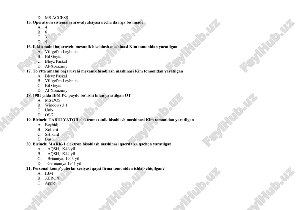 i qanday ataladi a. operatsion tizim b. qobiq dasturlar c. drayverlar d. utilitlar 26. multiprogramma rejimida qaysi usullardan foydalaniladi a. dinamik b. fizik c. grafik d. mexanik. 27. ma`lumotlar qayerda saqlanadi a. fayllarda b. disklarda c. katologlarda d. komp’yuterlarda 28. komp’yuterning asosiy qismi nima? a. protsessor b. klaviatura c. monitor d. sichqoncha 29. windows ning dastlabki versiyasi nechanchi yilda ishlab chiqarilgan. a. 1983 y b. 1985 y c. 1995 y d. 1981 y 30. universal grafika yagona interfaysi va ko’pmasalalilik qaysi operatsion tizim oilasi xususiyatiga ega. a. windows b. dos c. unix d. msdos 31. windows … ta`minlaydi a. yuqori darajadagi ishonchli ishlashni b. o`rtacha ishonchli ishlashni c. quyi darajadagi ishonchli ishlashni d. ishonchli ishlashni ta`minlay olmaydi 32. bizga kerakli yordam ma`lumotlari yoki keyingi qadamdagi amalni bajarish uchun kerakli ma`lumotlar qayerda saqlanadi? a. help and support center b. remote assistance c. fast user switching d. search companion 33. dinamik usuldan …