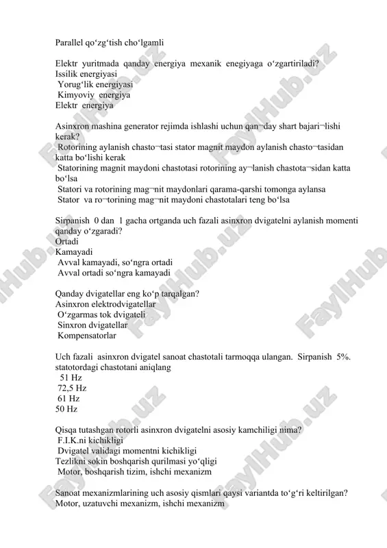 lab chiqariladi? 220 v, 380 v 220 v, 380 v, 660 v 110 v, 220 v, 440 v 220 v, 380 v, 660 v 3000 v, 6000 v, 10000 v dvigatellarda quvvat isroflari asosan qaerlarda sodir bo‘ladi? rotor chulgamida poʻlatda yakor choʻlgʻamida stator chulgamida asinxron dvigatelga berilayotgan kuchlanish chastotasi oshirilsa dvigatel tezligi qanday o‘zgaradi? oʻzgarmaydi ortadi kamayadi avval oshadi, soʻngra kamayadi mavjud yuritmalar ichida qaysi turdagi yuritma eng koʻp tarqalgan hisoblanadi? issiqlik yuritmasi pnevmatik yuritma elektr yuritma gidravlik yuritasi elektr yuritma ishlab chiqarilayotgan elektr energiyaning qancha foizini iste’mol qiladi? 60 % dan kamrogʻini 55% dan kamrogʻini 75 % dan kamrogʻini 45 % dan kamrogʻini asinxron mashinalar asosan qaysi kattalik bilan tavsiflanadi? aylanish o‘qining balandligi bilan nominal aylanish tezligi bilan nominal tok bilan nominal to‘la quvvati bilan quyidagi oʻlchov asboblaridan qaysi birining yordamida quvvat oʻlchanadi? fazometr varmetr ommetr vattmetr elektr motorlarning qizishiga olib keluvchi asosiy sabab nima deb hisoblaysiz? elektr manbaning …