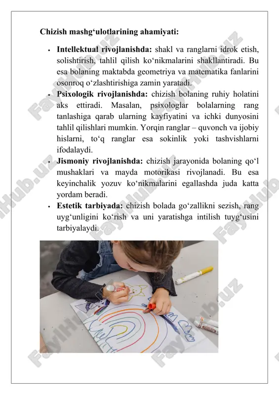 chunki chizish orqali bola qo‘lni qog‘ozda erkin harakatlantirishni mashq qiladi. shuningdek, chizish mashg’ulotlarida bolaning ruhiy dunyosi ham ifodalanadi. u o‘z kayfiyatini, quvonchini yoki tashvishini ranglar va shakllar orqali ko‘rsatadi. shu sababli pedagoglar va psixologlar chizishni bolaning ichki dunyosiga kirish kaliti sifatida baholaydilar. bolalarni chizishga o‘rgatishda qo‘llaniladigan metod va usullar maktabgacha yoshdagi bolalarni chizishga o‘rgatishda metod va usullar to‘g‘ri tanlansa, ularning tasviriy faoliyatga bo‘lgan qiziqishi ortadi, ijodiy qobiliyatlari rivojlanadi va chizishga nisbatan mustahkam ko‘nikmalar shakllanadi. bu jarayon tarbiyachidan didaktik yondashuv, pedagogik mahorat va yosh xususiyatlarini hisobga olishni talab qiladi. asosiy metodlar: 1. kuzatish va tasvirlash metodi bolalarga tabiatdagi yoki atrof-muhitdagi oddiy predmetlar (gul, daraxt, qush, o‘yinchoq) kuzatdiriladi va ularni chizishda aks ettirishga yo‘naltiriladi. masalan, bahorda ochilgan gulni ko‘rsatib, boladan uning shakli va ranglarini tasvirlash so‘raladi. bu metod orqali bolaning kuzatuvchanligi, diqqat-e’tibori va obrazli tafakkuri rivojlanadi. 2. namoyish metodi tarbiyachi yoki o‘qituvchi chizish jarayonini bosqichma-bosqich ko‘rsatadi. masalan, uy chizishda avval kvadrat shakli, …