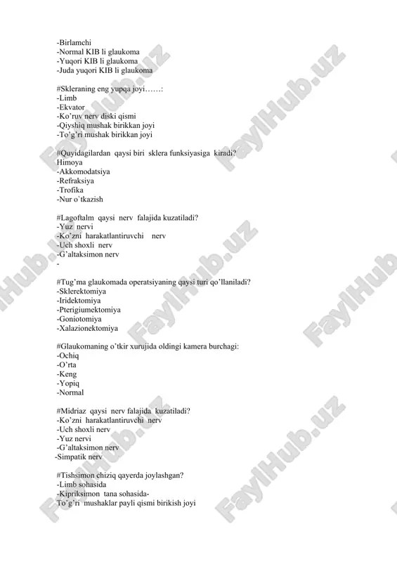 #optotip nima? -ko’rish o’tkirligini aniqlash uchun foydalaniladigan son,xarf yoki biror boshqa belgi -ko’rish qobiliyatining bir turi -optik sistemaning tuzilishining o’ziga xos xususiyati -optik sistemaning nur sindirish kuchini ifodalovchi ko’rsatkich -rang sezish patologiyasi #ko’rish o’tkirligi snellen formulasi bo’yicha aniqlanadi. quyidagi formulalar ichidan ushbu formulani toping. -visus=d/d -visus=d/d -visus=dxd -visus=dd -visus=dd #yashil rangni ajratolmaslik holati qanday ataladi? -deyteronomaliya -protanopiya -deyteranopiya -protanomaliya -tritanopiya #zaxarlanishdan so’ng bemor hamma narsani sariq rangda ko’ra boshladi. sizning tashxisingiz: -eritropsiya -xloropsiya -ksantopsiya -sianopsiya -monoxromaziya #skotoma bu…. : -periferik chegaraga yetmaydigan, ko’rish chegarasining o’choqli defekti -to’q rangli ko’z olmasining o’smasi -ko’z tubidagi to’q rangli o’sma -ko’rish maydonining konsentrik torayishi -periferik chegaraga yetadigan, ko’rish chegarasining organik defekti #ko’zning fizik refraksiyasida aniqlanadi: -ko’zning barcha optik muhitlarining nur sindirish kuchi -ko’z gavharining nur sindirish kuchi -ko’zning barcha optik muhitlarining nur sindirish kuchi va to’r pardaga nisbatan asosiy fokusni holati -to’r pardaga nisbatan asosiy fokusni holati -to’r pardaning sindiruvchi kuchi #akkomadatsiyaning faol komponenti …
