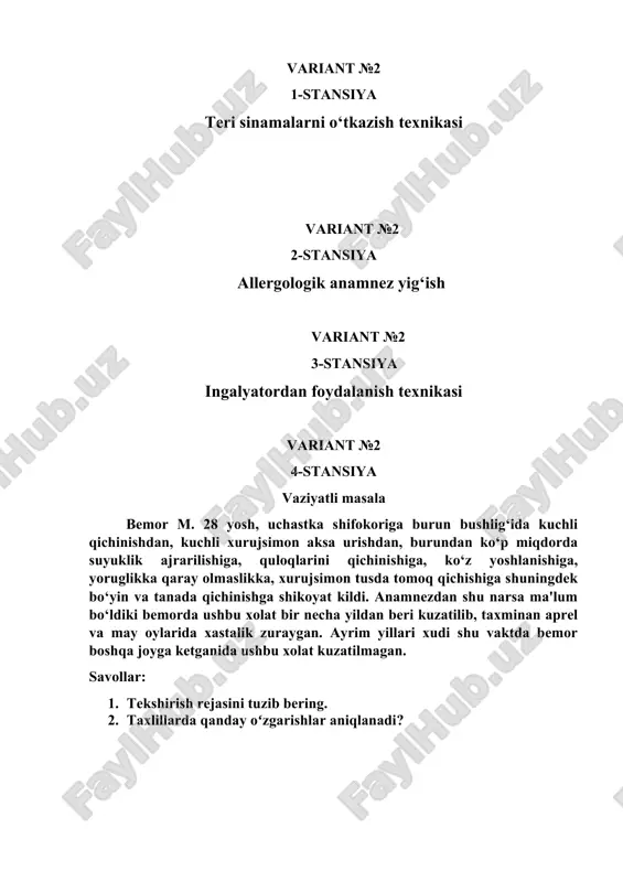 ida koʻz va lablari atrofida shish, tanasida turli kattalikdagi monomorf toshmalar mavjud bo‘lib teridan bo‘rtib chiqqan, bir biri bilan qo‘shilib ketgan, qichinish kuchli. savollar: 1. taxminiy tashxisingizni kuying. 2. qaysi xastaliklar bilan taqq 3. oslash mumkin? 4. asosiy diagnostik belgilarni kursating. 5. umumiy amaliyot shifokori taktikasi nimalardan iborat? variant №3 5-stansiya vaziyatli masala bemor 28 yoshda, burun bitishiga, aksa urishga, xid bilishning kamayishiga, 3 yildan beri shikoyat qiladi. bemor boshqa shaxarga borsa yoki yashash sharoitini oʻzgartirsa xolati yaxshilanadi. bemorda yaqin bir xafta ichida qisqa – qisqa yoʻtal belgilari paydo boʻldi. bemorga allergolog shifokori tomonidan skarifikasion teri sinamasi qoʻyish tavsiya qilindi. skarifikasion sinama natijalari fiziologik eritma____________ gistamin _______+++___________ maishiy allergenlar uy changi ________ gul changi allergenlari timofeevka_________+++__________ ovsyanisa_____________________ eja__________++++________________ myatlik_______________________ raygras_____++__________________ lisoxvost_____________________ koster____________________ roj______________________ kukuruza___________________ podsolnechnik___________ oduvanchik_________________ polin________________ lebeda____________________ savol: 1. yuqorida qoʻyilgan teri sinamasini baxolang va tashxis qo‘ying. variant №4 1-stansiya teri sinamasi natijalarini interpretatsiya qilish variant №4 2-stansiya bronxlarnig …