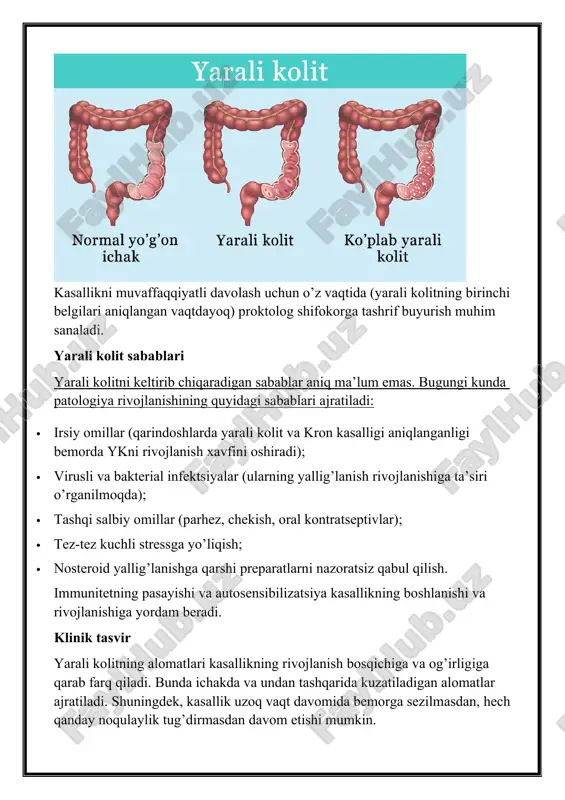 htaha yo’qolishi va uning fonida vazn tashlash. kolit belgilari boshqa patologiyalar, jumladan gastrit, qo’zg’algan ichak sindromi, kron kasalligi alomatlariga o’xshaydi. shu sababli yakuniy tashxis qo’yish uchun ichakdan tashqari kuzatiladigan belgilar e’tiborga olinishi kerak: · ko’rish organi kasalliklari (ko’rish keskinligining pasayishi bilan birga keladigan irit, kon’yunktivit); · og’iz bo’shlig’i shilliq qavatining yallig’lanishi, yarachalar paydo bo’lishi, stomatit; · artrit; · terining mahalliy patologiyalari; · tromboemboliya va tromboflebit; · hissiy beqarorlik. ichak va ichakdan tashqaridagi belgilarning mavjudligi kasallikning etiologiyasini, bemorning ahvoli og’irligini aniqlash va davolashning eng samarali usulini tanlash uchun yanada batafsil tashxis qo’yish imkonini beradi. xavfi yarali kolit darhol davolanishni talab qiladi. ko’pincha diareya va ichakdan qon ketishi suvsizlanish va kamqonlikni keltirib chiqaradi. kolitning yana bir keng tarqalgan asoratlari bu to’g’ri ichak perforatsiyasi (teshilishi). ushbu asorat bemorning hayotiga tahdid soladi, chunki bunda najas qorin bo’shlig’iga o’tib, peritonitga olib kelishi mumkin. yana bir jiddiy asorat — toksik megakolon — yo’g’on ichakning tezda kengayishi. …