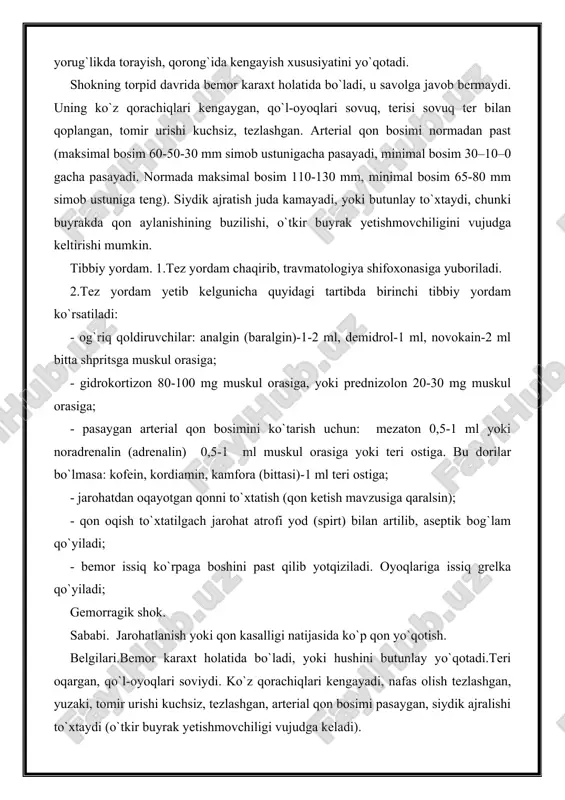 kuchsiz, tezlashgan. arterial qon bosimi normadan past (maksimal bosim 60-50-30 mm simob ustunigacha pasayadi, minimal bosim 30–10–0 gacha pasayadi. normada maksimal bosim 110-130 mm, minimal bosim 65-80 mm simob ustuniga teng). siydik ajratish juda kamayadi, yoki butunlay to`xtaydi, chunki buyrakda qon aylanishining buzilishi, o`tkir buyrak yetishmovchiligini vujudga keltirishi mumkin. tibbiy yordam. 1.tez yordam chaqirib, travmatologiya shifoxonasiga yuboriladi. 2.tez yordam yetib kelgunicha quyidagi tartibda birinchi tibbiy yordam ko`rsatiladi: - og`riq qoldiruvchilar: analgin (baralgin)-1-2 ml, demidrol-1 ml, novokain-2 ml bitta shpritsga muskul orasiga; - gidrokortizon 80-100 mg muskul orasiga, yoki prednizolon 20-30 mg muskul orasiga; - pasaygan arterial qon bosimini ko`tarish uchun: mezaton 0,5-1 ml yoki noradrenalin (adrenalin) 0,5-1 ml muskul orasiga yoki teri ostiga. bu dorilar bo`lmasa: kofein, kordiamin, kamfora (bittasi)-1 ml teri ostiga; - jarohatdan oqayotgan qonni to`xtatish (qon ketish mavzusiga qaralsin); - qon oqish to`xtatilgach jarohat atrofi yod (spirt) bilan artilib, aseptik bog`lam qo`yiladi; - bemor issiq ko`rpaga boshini …