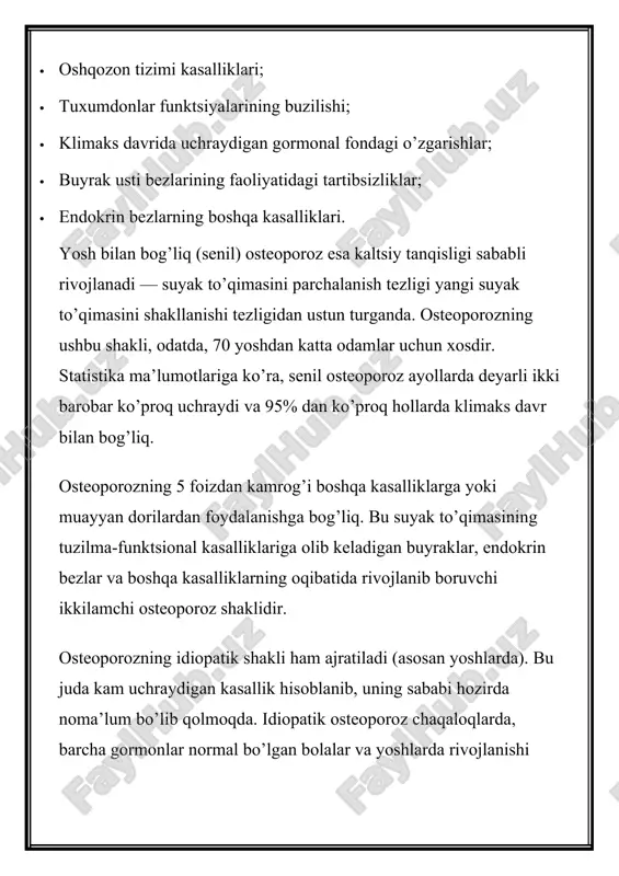 qa tanalariga ta’sir qiladi. bitta umurtqa singanida kasallik ko’pincha alomatlarsiz tarzda kechadi va og’riq sindromi bir nechta umurtqa tanalari sinishi natijasida paydo bo’ladi. osteoporotik umurtqa shikastlanishlarning eng o’ziga xos belgilari og’riq sindromi va umurtqa deformatsiyadir (qiyshayishi). og’riq o’tkir tarzda paydo bo’lib, umurtqa oraliqlari bo’ylab qorin bo’shlig’ining old devoriga qadar tarqaladi. odatda xurujlar tanani birdan burish, yo’talish, sakrash, aksa urish yoki og’irlik ko’tarish natijasida paydo bo’ladi. ertalab og’riqlar sust bo’lib, kun davomida o’sib boradi va yotgan holatga o’tganda biroz kamayadi. kasallikni bilvosita ko’rsatishi mukni bo’lgan osteoporozning alomatlariga: · charchoq (bu umumiy zaiflashuv yoki modda almashinuvining yomonlashuvini ko’rsatadi); · iyoqlarda tez-tez uchraydigan tortishishlar; · tishlarda ortiqcha karash paydo bo’lishi; · tirnoqlarning jiddiy mo’rtligi va ularni qavatlashishga moyilligi; · suyaklar va dumg’aza sohasidagi og’riq; · sochlarni erta oqarishi (bu alomat kamdan-kam kuzatiladi); · umurtqalararo disk churrasi (suyak tuzilmalari mo’rtligi tufayli rivojlanadi); · oshqozon tizimi kasalliklari; · diabet oldi holati va qandli diabetning boshlang’ich …