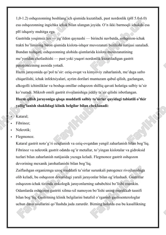 atda og’ir metallar, to’yingan kislotalar va gidroksid tuzlari bilan zaharlanish natijasida yuzaga keladi. flegmonoz gastrit oshqozon devorining mexanik jarohatlanishi bilan bog’liq. zaiflashgan organizmga uzoq muddatli ta’sirlar surunkali patogenez rivojlanishiga olib keladi, bu oshqozon devoridagi yarali jarayonlar bilan og’irlashadi. gastritlar oshqozon-ichak tizimda onkologik jarayonlarning sababchisi bo’lishi mumkin. odamlarda oshqozon gastriti xilma-xil namoyon bo’lishi uning murakkab tasnifi bilan bog’liq. gastritning klinik belgilarini batafsil o’rganish gastroenterologlar uchun davo usullarini qo’llashda juda zarurdir. bizning holatda esa bu kasallikning turli shakllarini tasvirlash bo’lib, u o’quvchilarda gastritning umumiy ko’rinishini tushunishga biroz bo’lsa ham yordam beradi. gastrit qo’zg’atuvchilari gastritning qo’z’gatuvchisi helicobacter pylori mikroblari va boshqalar bo’lishi mumkin. ba’zi hollarda, muayyan mikroorganizmlar gastritning taxminan 80%ini keltirib chiqarish sababchisi sanaladi. helicobacter bu kasallikning yagona qo’zg’atuvchisi emas. boshqa gastrit guruhi mikroblar bilan bog’liq emas, lekin ma’lum bosqichlarda bu bog’liqlik aniqlanishi mumkin. mikrobial bo’lmagan gastrit bir necha guruhga bo’linadi: · alkogolli ichimliklar. kasallik doimiy alkogolli ichimliklar iste’mol qilish natijasida rivojlanadi, etil …