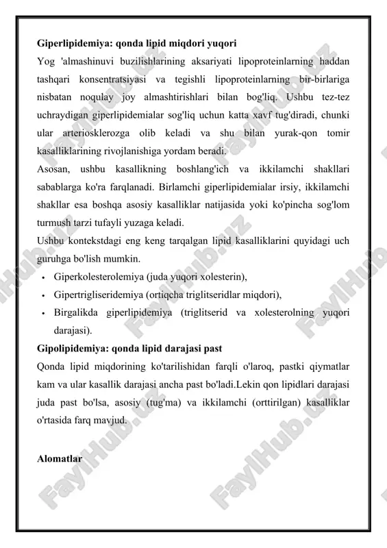 asallik darajasi ancha past bo'ladi.lekin qon lipidlari darajasi juda past bo'lsa, asosiy (tug'ma) va ikkilamchi (orttirilgan) kasalliklar o'rtasida farq mavjud. alomatlar ko'pincha, yog 'almashinuvining buzilishi bevosita simptomlarni keltirib chiqarmaydi. aksincha, shikoyatlar va asoratlar faqatgina keyingi bosqichda yuzaga keladi va nomutanosiblik uzoq vaqt davom etsa. agar qonda lipidlar darajasi juda yuqori bo'lsa, shikoyatlar va oqibatlar ayniqsa, giperkolesterolemiya holatida, ko'tarilgan ldl xolesterin qiymatlari va arterioskleroz rivojlanishi o'rtasidagi bevosita bog'liqlik ilmiy jihatdan isbotlangan hisoblanadi. ta'sir aloqasi triglitserid konsentratsiyasining ortishi bilan yanada murakkablashadi. tomir devoridagi cho'kmalar, ayniqsa xolesterol, tomirlarning torayishiga va tomir devorlarida arteriosklerotik o'zgarishlarga olib keladi. ular kamroq moslashuvchan va kamroq egiluvchan. buning oqibatlari tanadagi hamma joyda yuzaga keladigan qon aylanishining buzilishi va o'z navbatida jiddiy asoratlarni keltirib chiqarishi mumkin, masalan: · chap qo'lga tarqalishi mumkin bo'lgan ko'krak og'rig'i bilan angina pektoris (ko'krakdagi bosim) · koroner arter kasalligi (chd) va yurak xuruji, · qon tomir. agar ekstremitalardagi tomirlar torayib ketgan bo'lsa, uxlash, karıncalanma, …